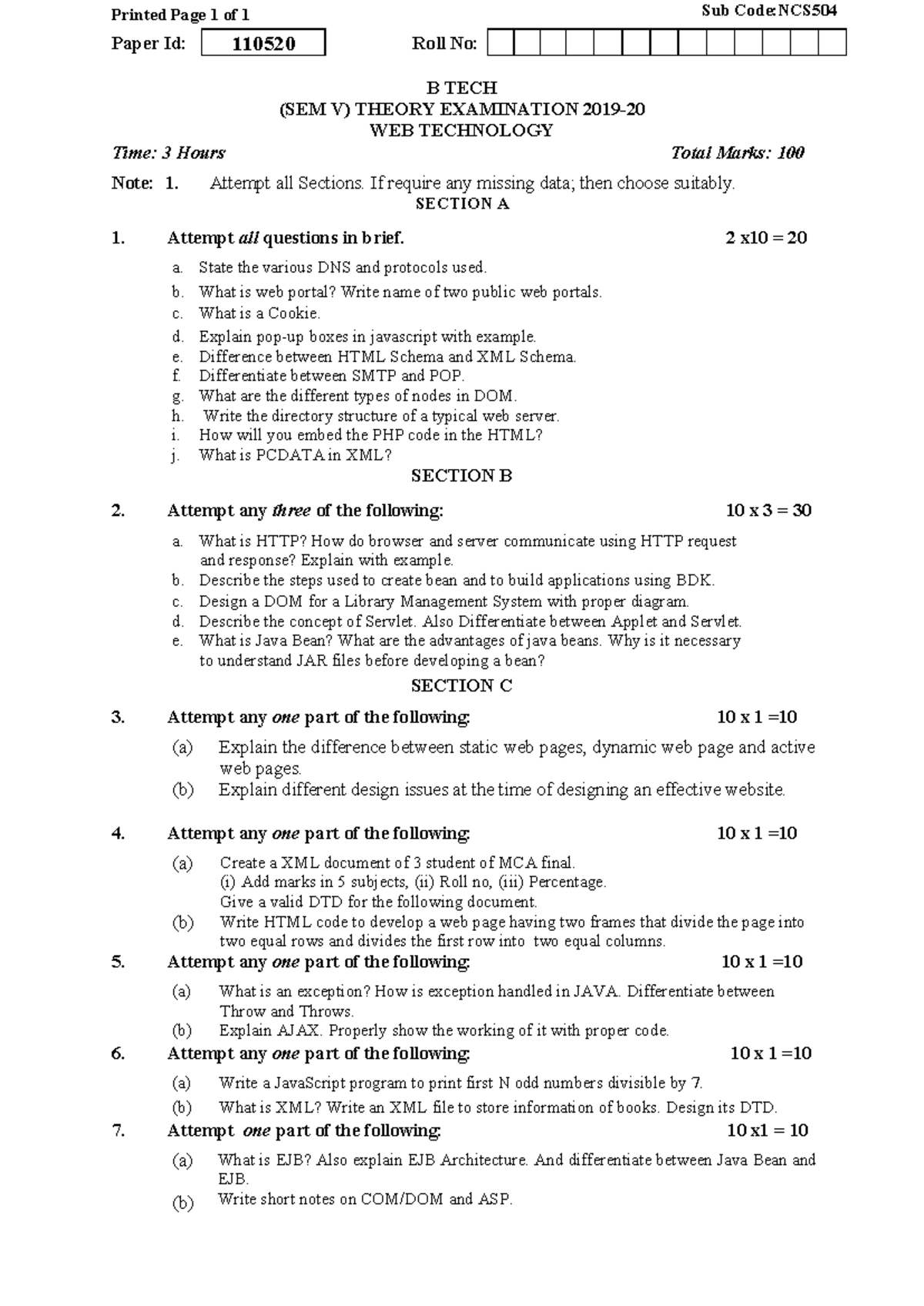 NCS504 B.Tech Sem V Web Technology Theory Exam Notes - Studocu
