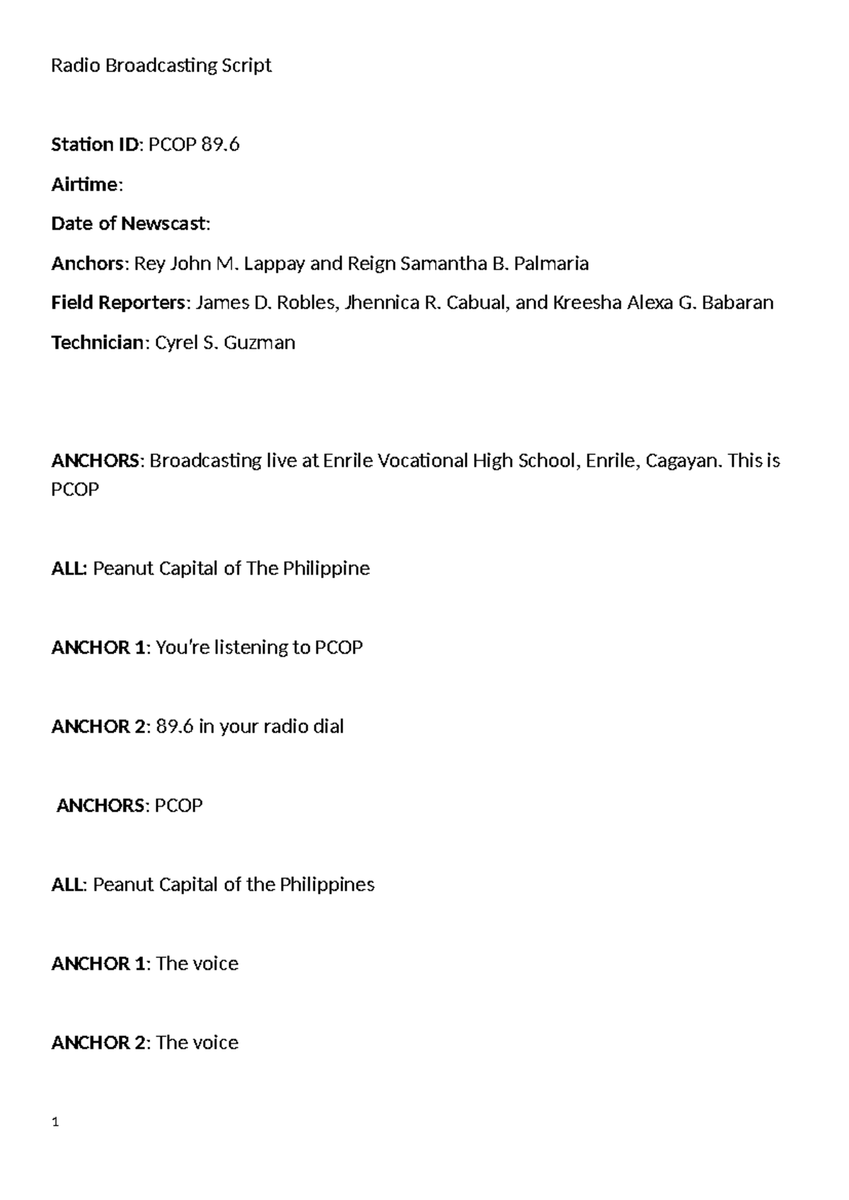 Broadcasting Script for Assignment - PCOP Radio 89 News - Studocu