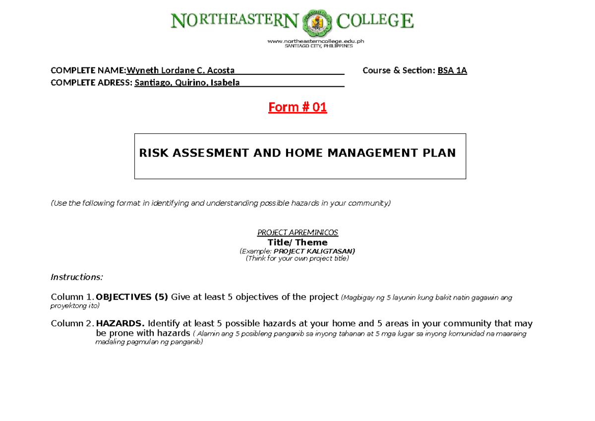 Risk Reduction and Home Management Plan Form 1 - COMPLETE NAME:Wyneth ...