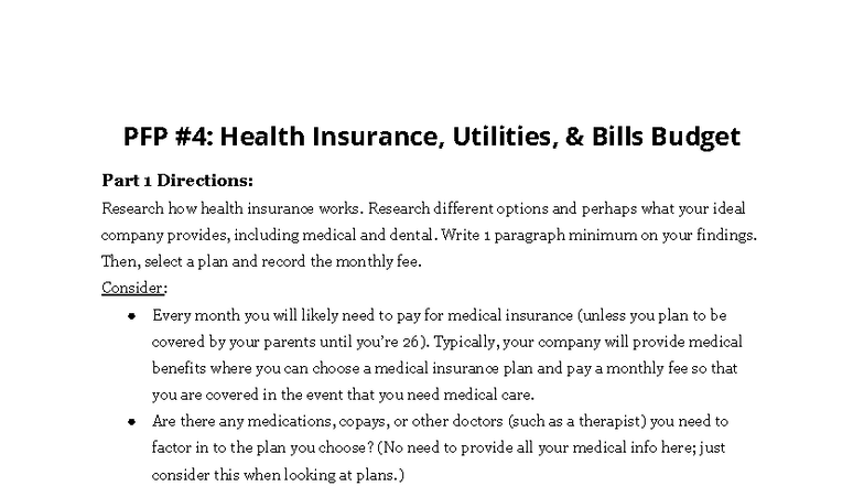 PFP #4 Health Insurance & Utilities Budget Overview - Studocu