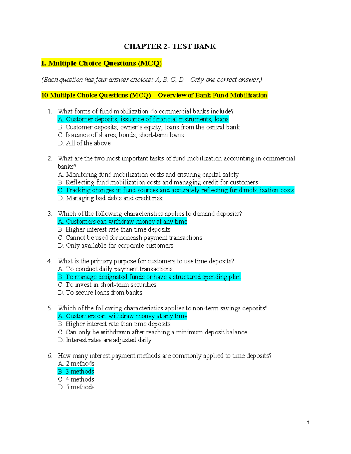 CHAPTER 2 TEST BANK: MCQs on Bank Fund Mobilization Accounting - Studocu
