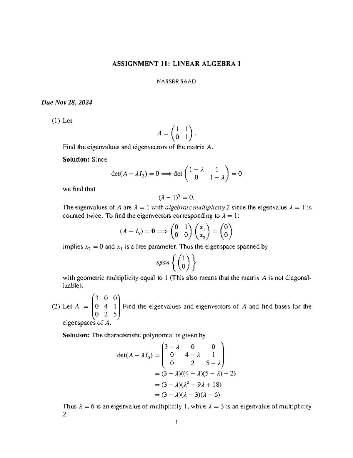 Assignment 11 Solutions: Eigenvalues and Eigenvectors in Linear Algebra ...