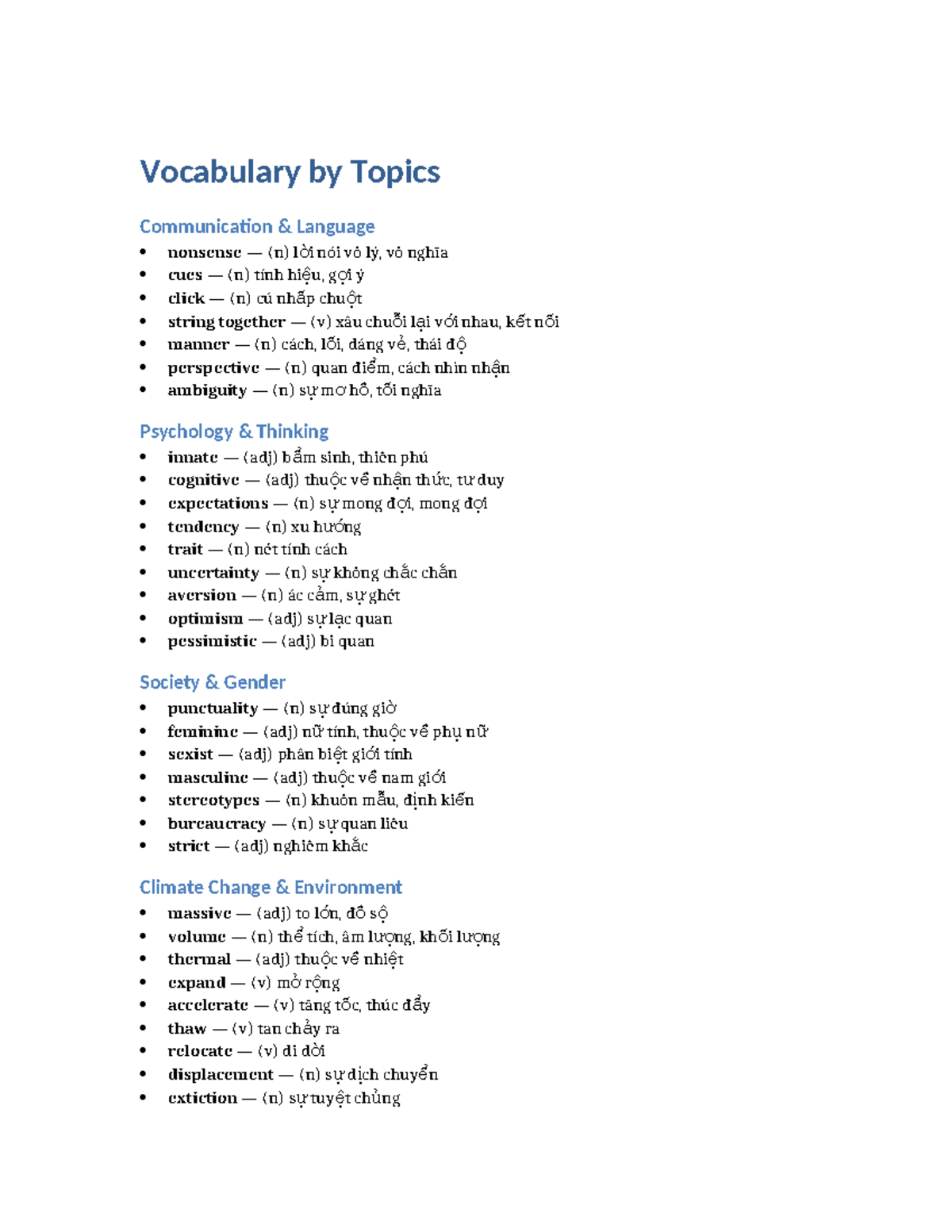 Vocabulary by Topic: Communication, Psychology, Society, Climate Change ...