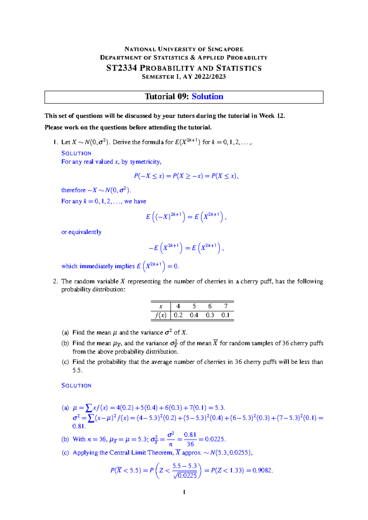 ST2334 Tutorial 09 Solutions: 17 Questions with Explanations - Studocu