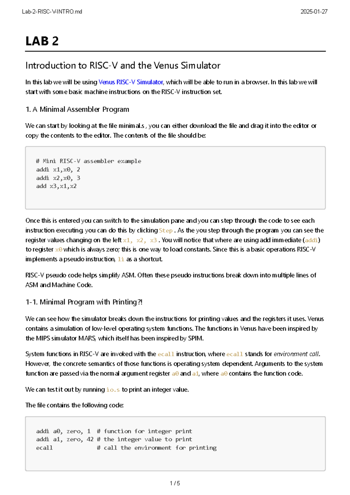 LAB 2: Intro to Venus Simulator & RISC-V Assembly Programming - Studocu