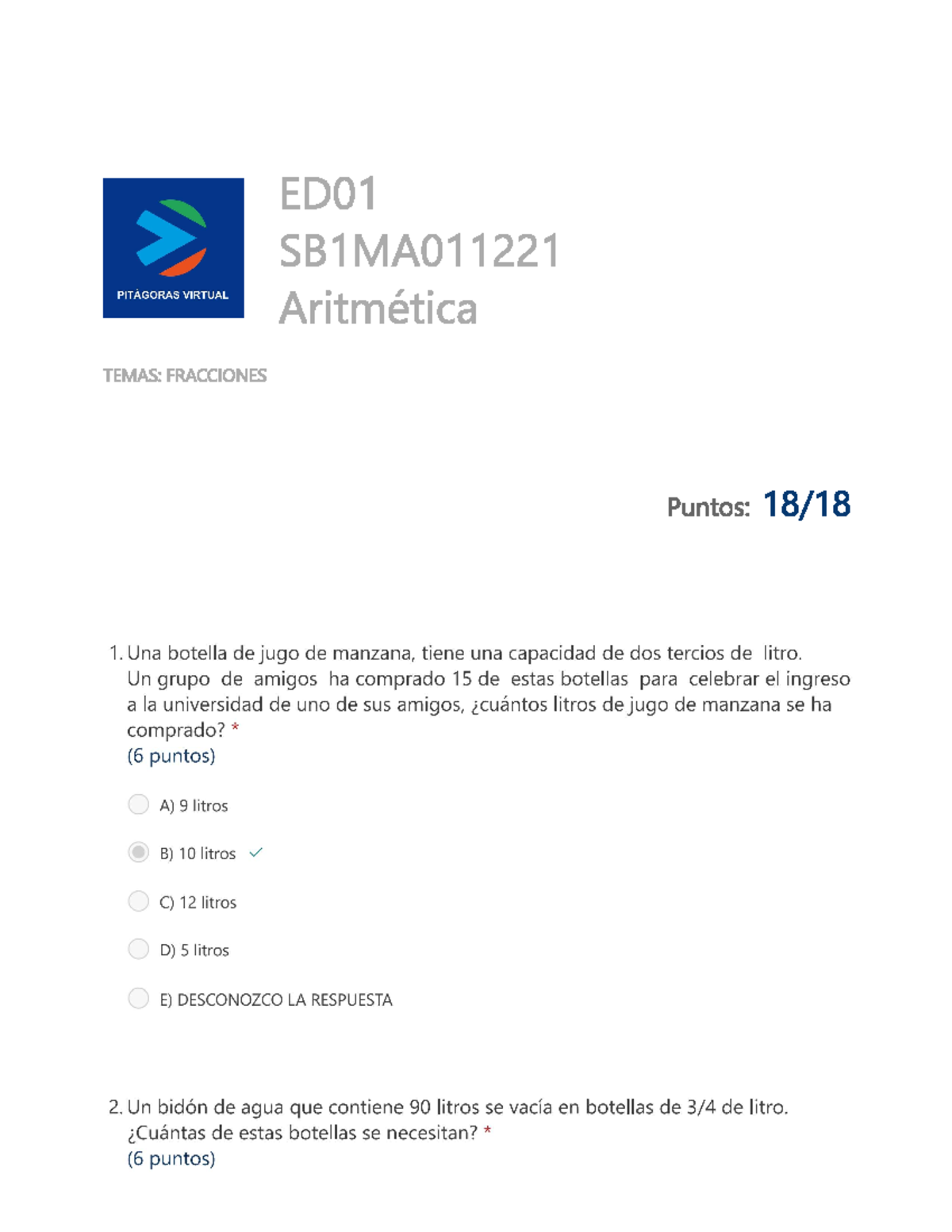 Examen Resuelto ED01 SB1MA011221: Fracciones y Problemas de Lógica ...