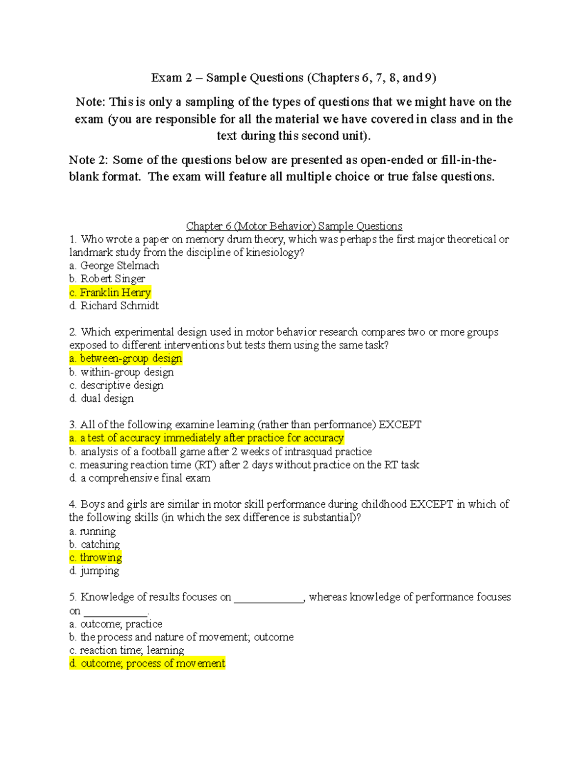 Exam 2 Sample Questions (Ch. 6-9) - Foundations in Kinesiology - Studocu