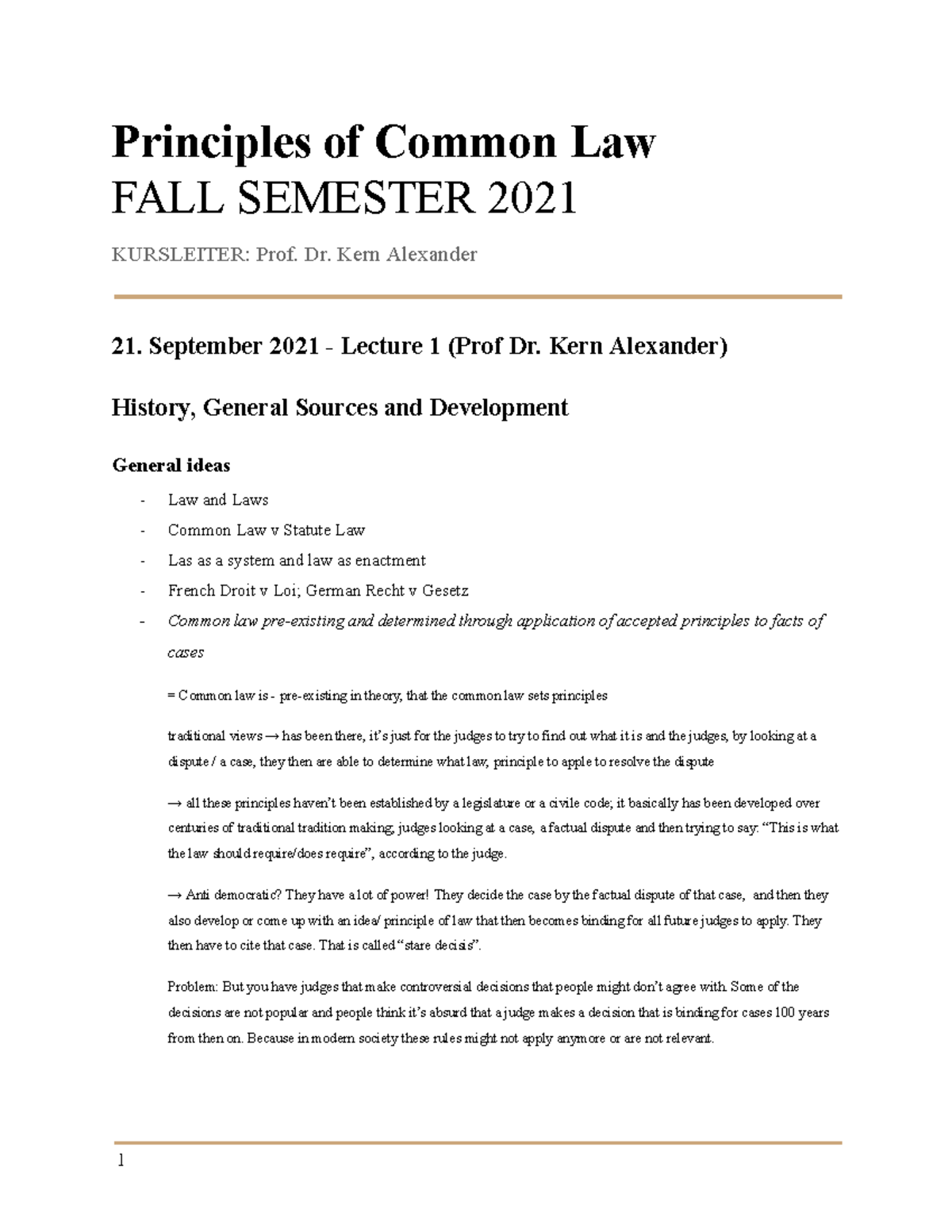 PCL - Principles of Common Law Lecture Notes (Fall 2021) - Studocu