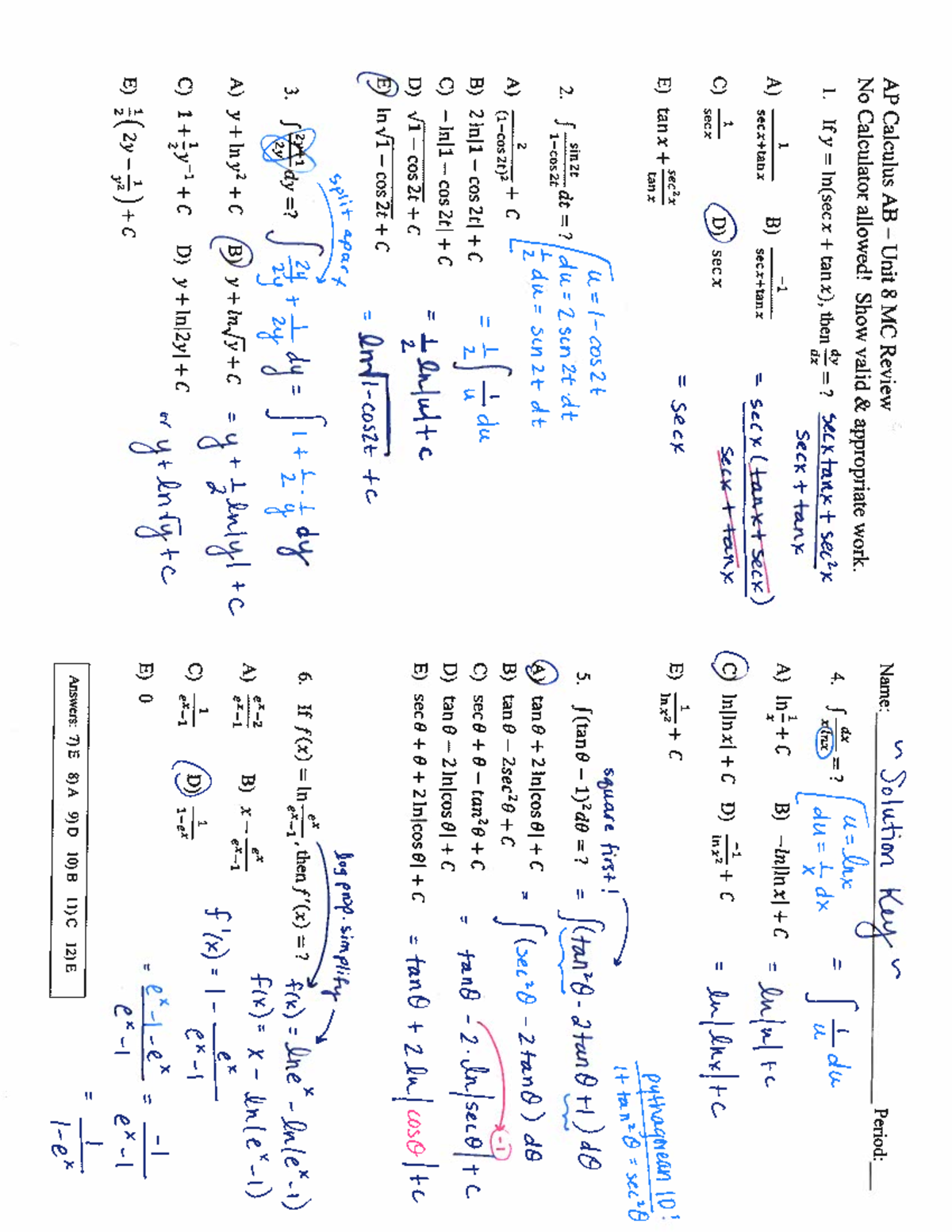 AP Calculus AB U8 MC Review Solutions (No Calculator) - Studocu