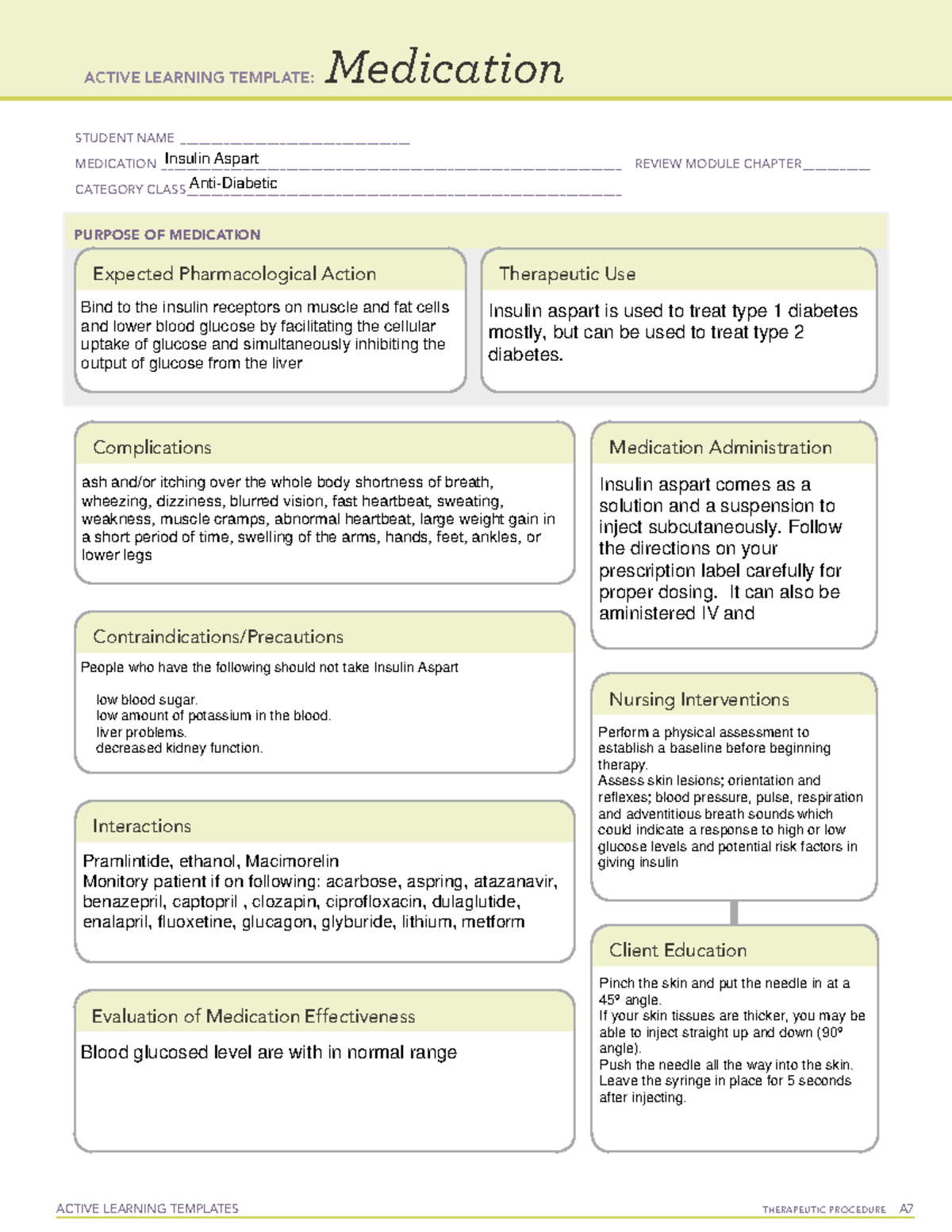 ATI Insulin Aspart Medication Form: Therapeutic Overview and Guidelines ...