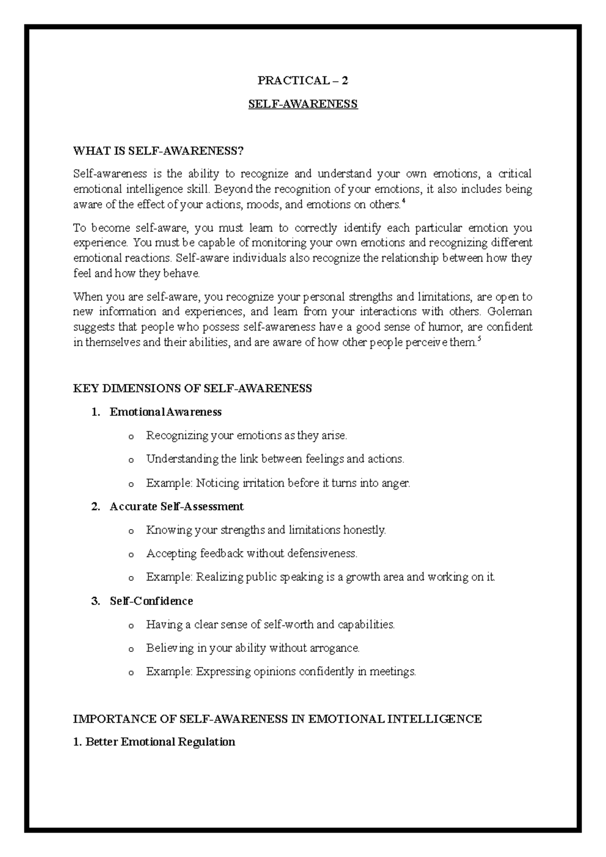 PRACTICAL 2: Self-Awareness and Emotional Intelligence Insights - Studocu