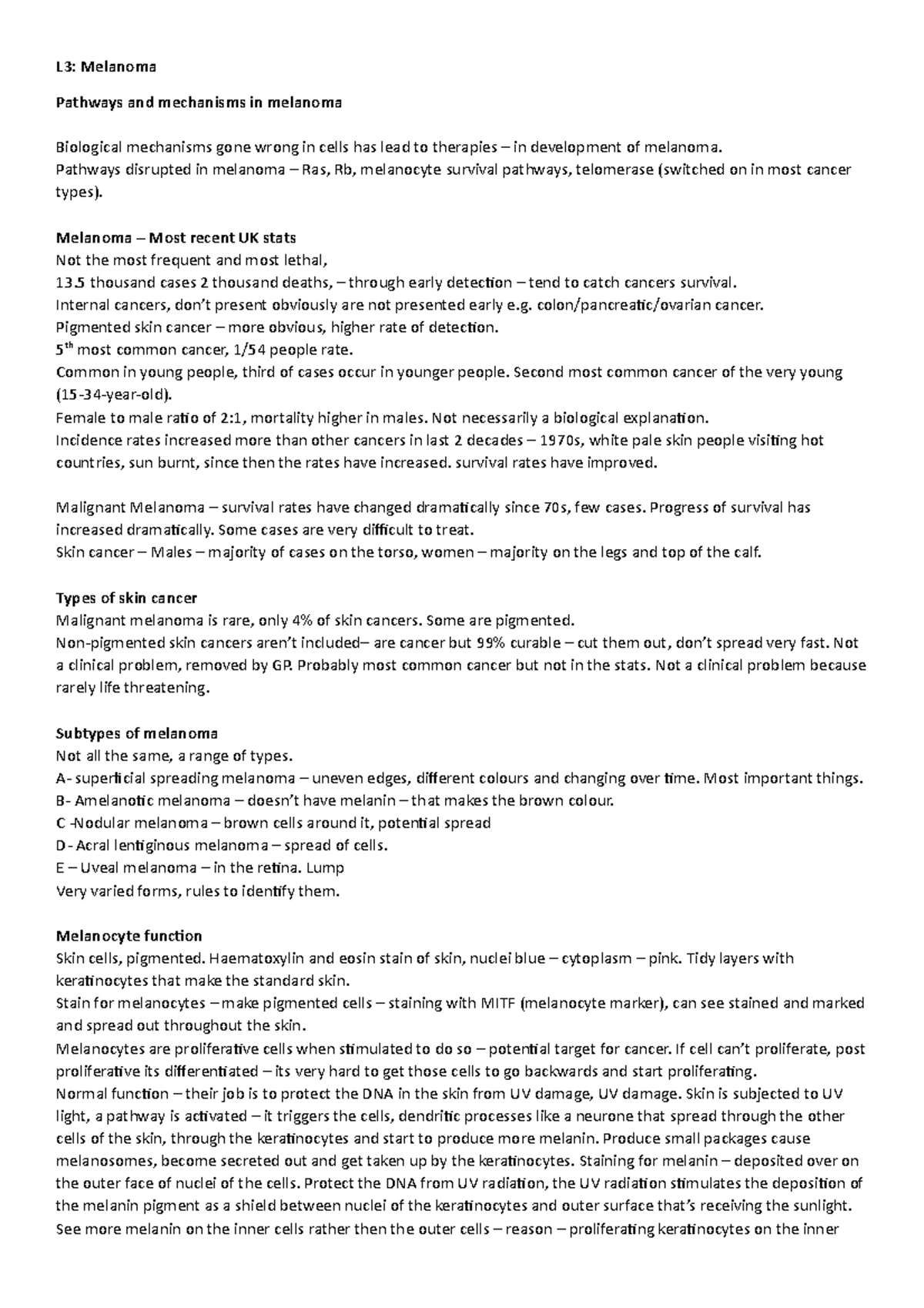 L3 Melanoma - Comprehensive Lecture Notes on Pathways and Mechanisms ...