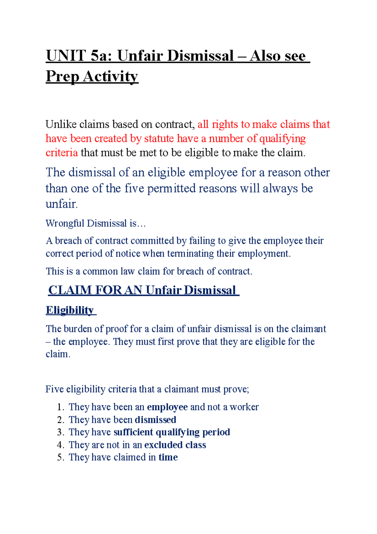 UNIT 5a: Understanding Unfair Dismissal Criteria and Claims - Studocu
