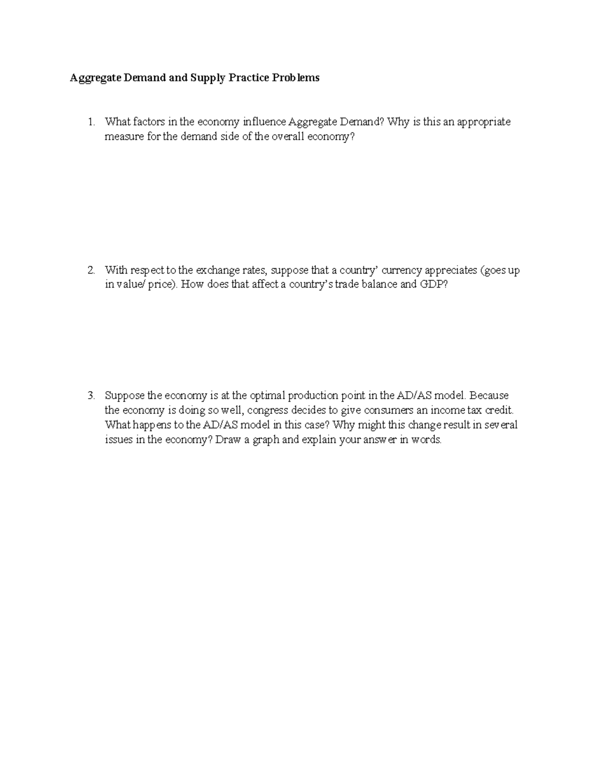 Aggregate Demand and Supply (AD/AS) Practice Problems for Econ 101 ...