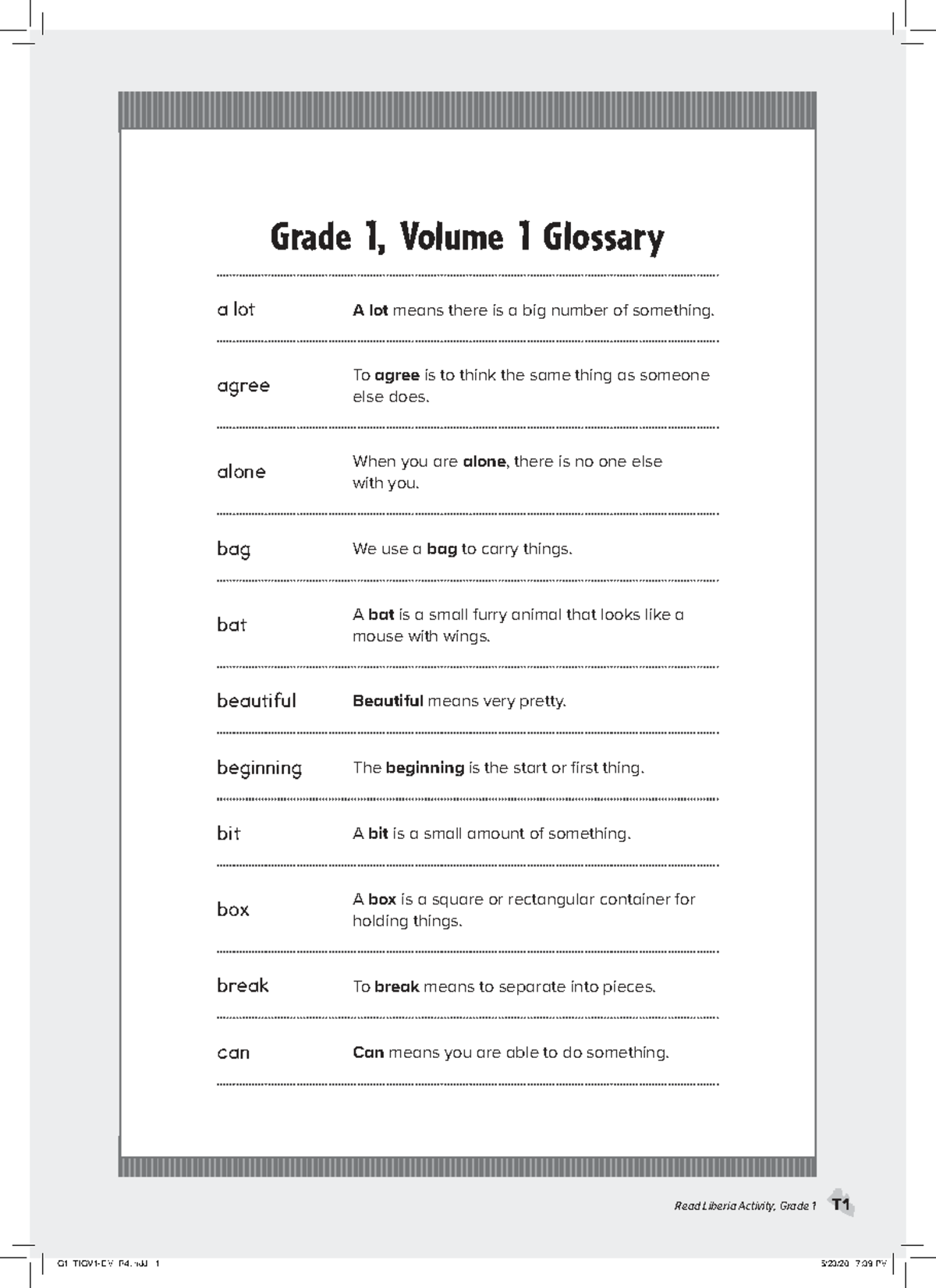 Grade 1, Volume 1 Glossary and Activities for English Language - Studocu