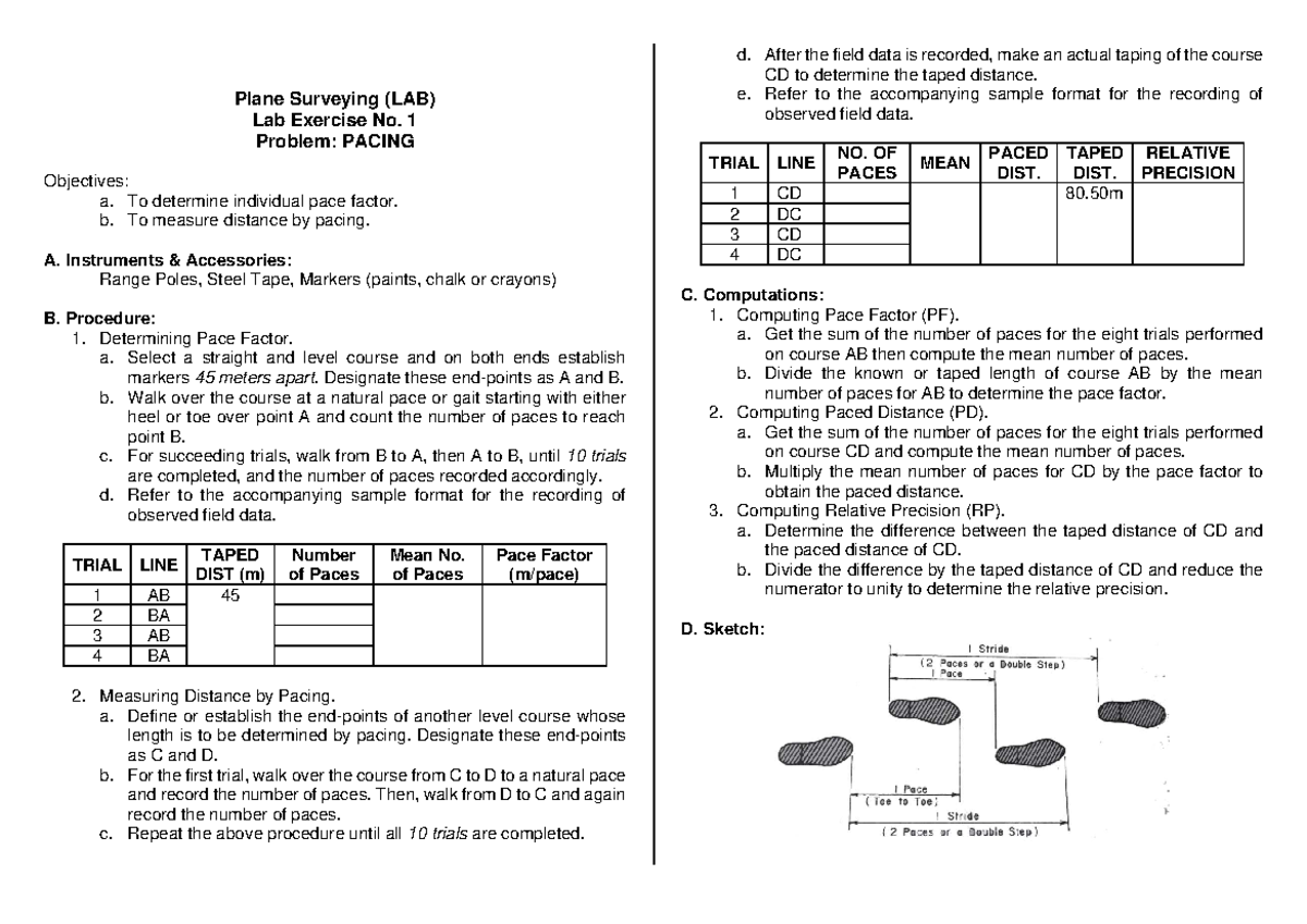 Plane Surveying (LAB) Lab Exercise No. 1: Pacing Trials and ...