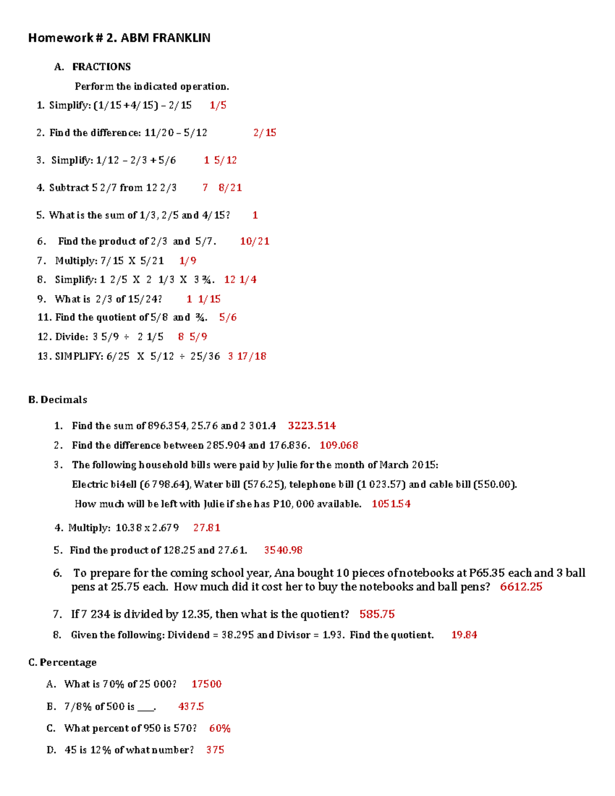 Homework 2-BM -Problem-solving - Homework # 2. ABM FRANKLIN B. Decimals ...