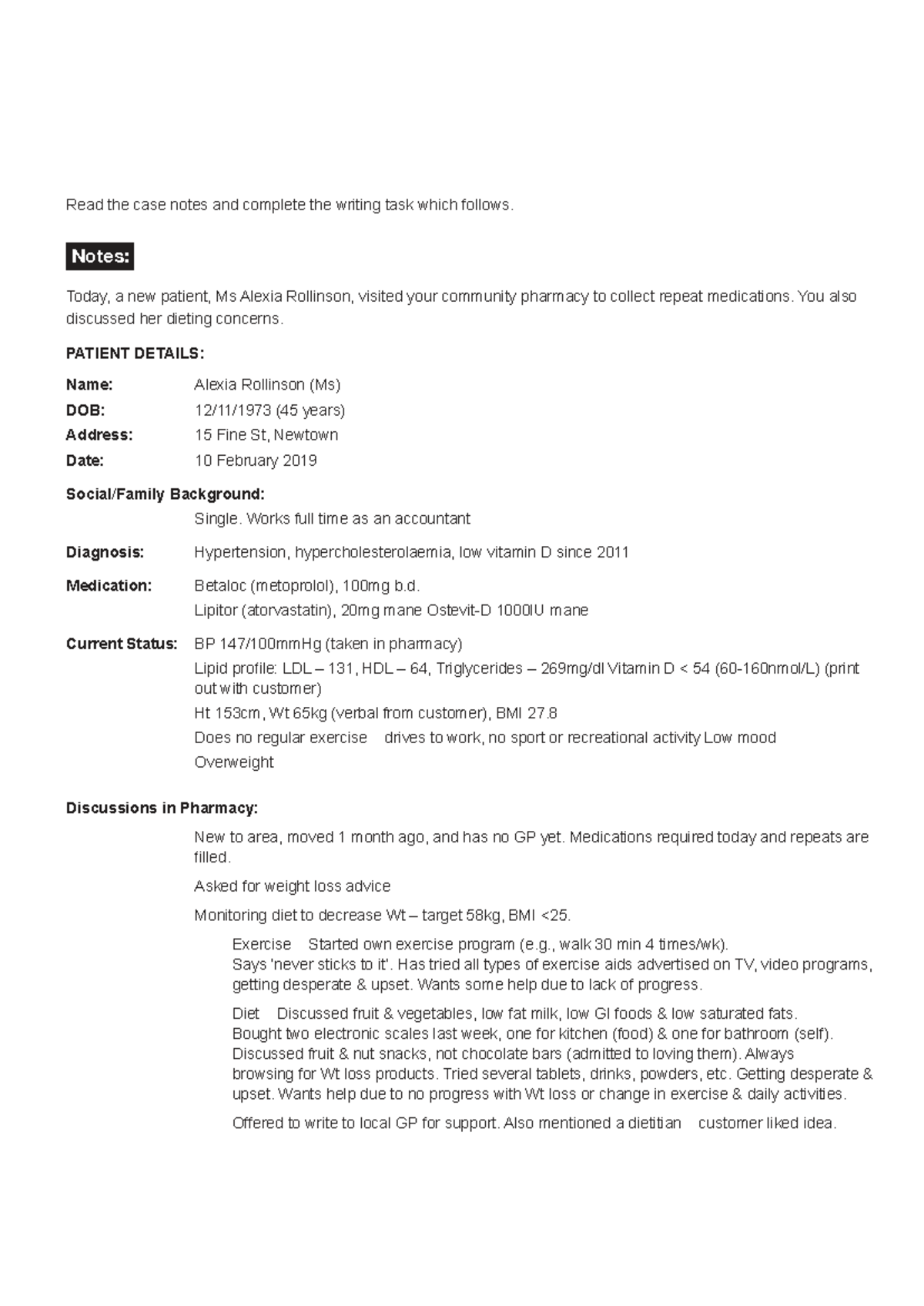 Writing pharmacy sample test: case notes for Ms Alexia Rollinson - Studocu