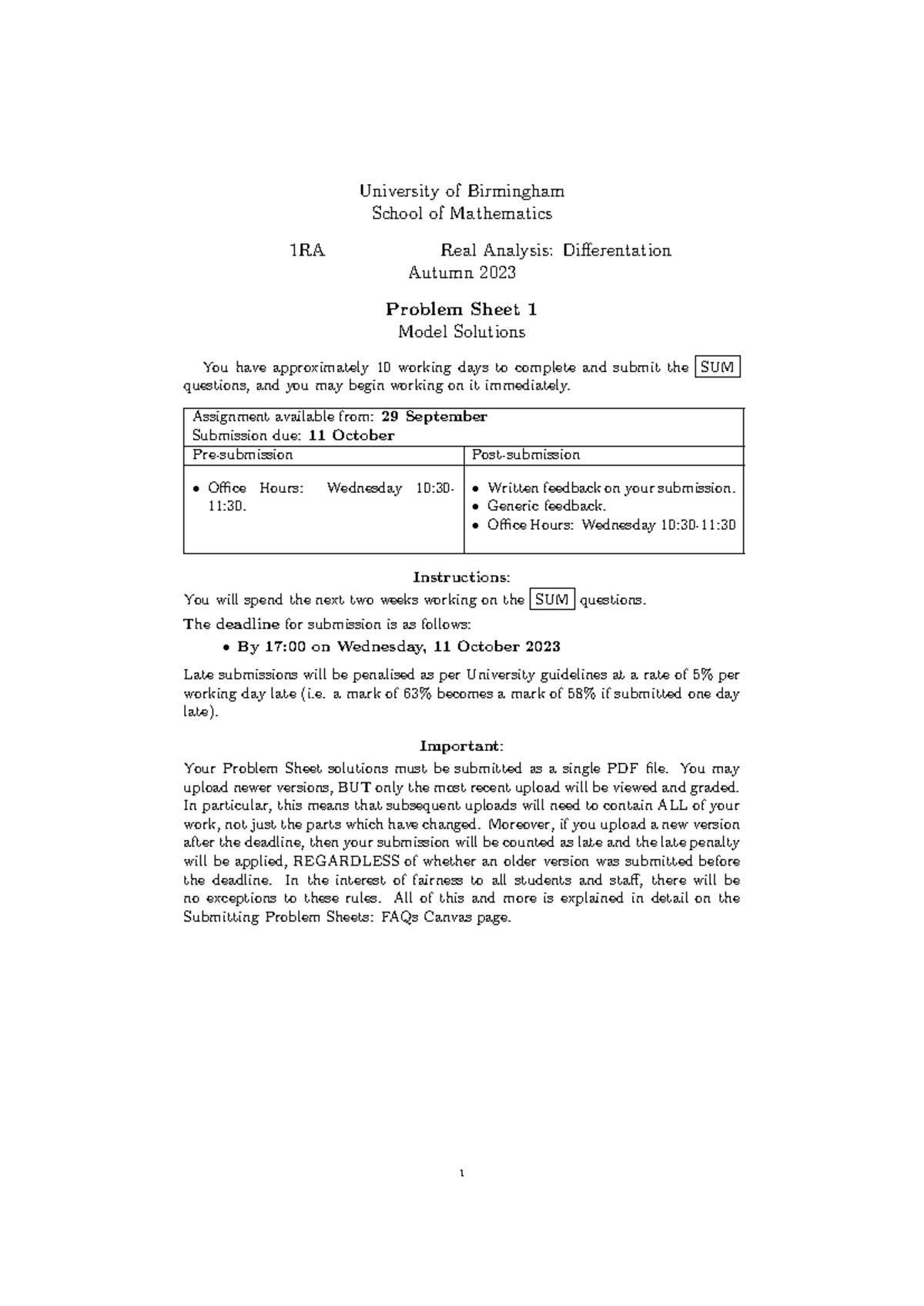 RA1a - Real Analysis Autumn 2023: Problem Sheet 1 Solutions - Studocu