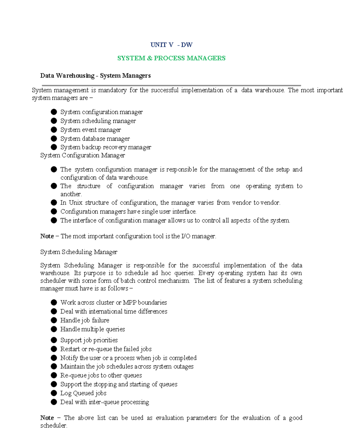 UNIT V: Data Warehousing System Managers - Study Notes - Studocu