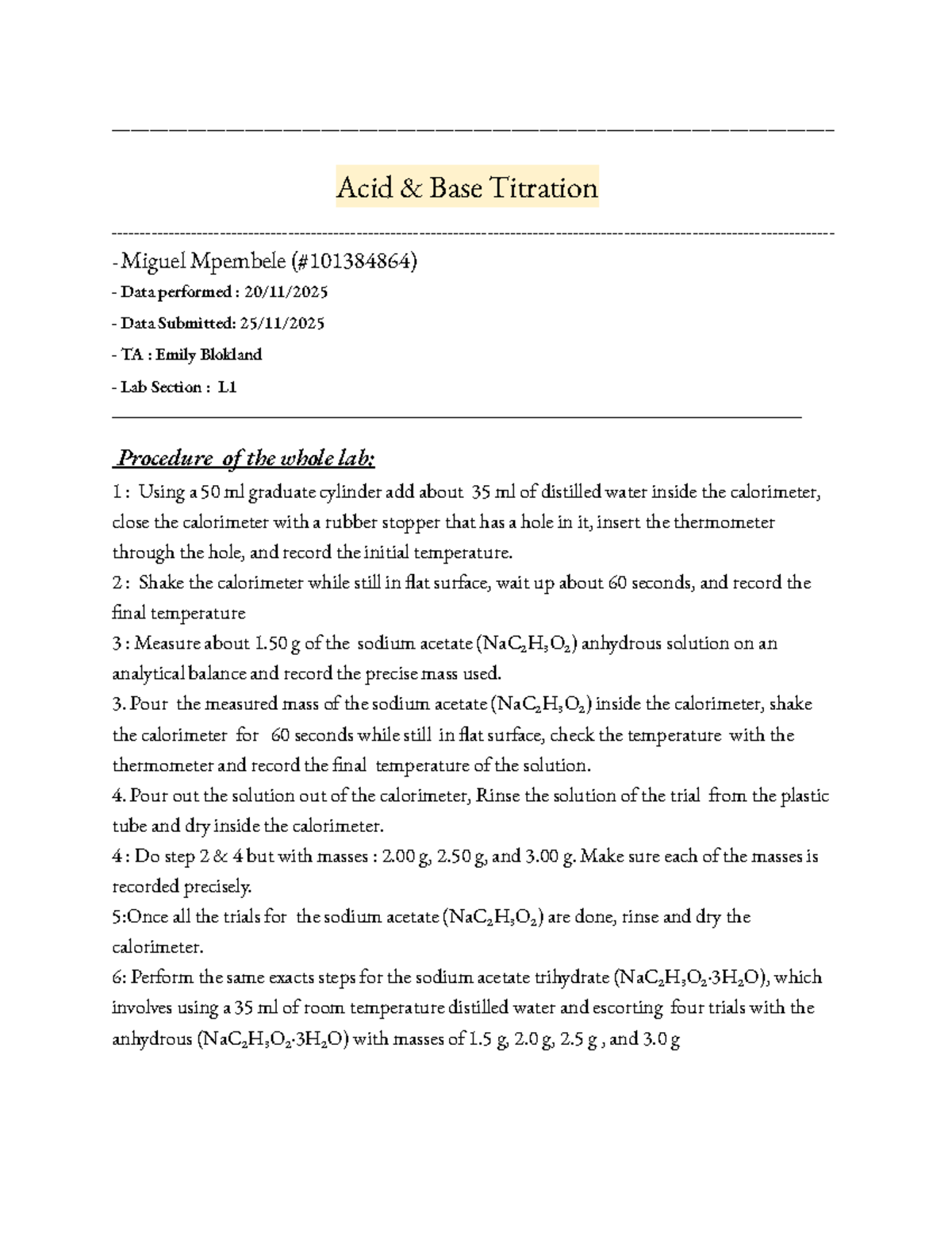 AB Titration Lab Report - Miguel Mpembele (L1) - Studocu
