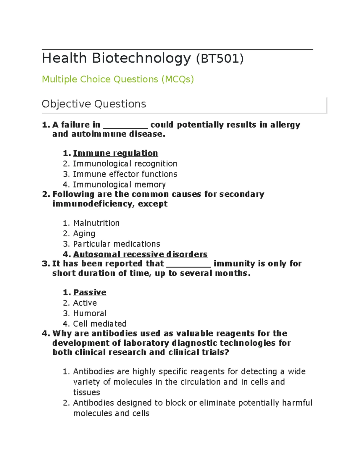 BT501 HEALTH BIOTECHNOLOGY Comprehensive Study Handouts - Studocu
