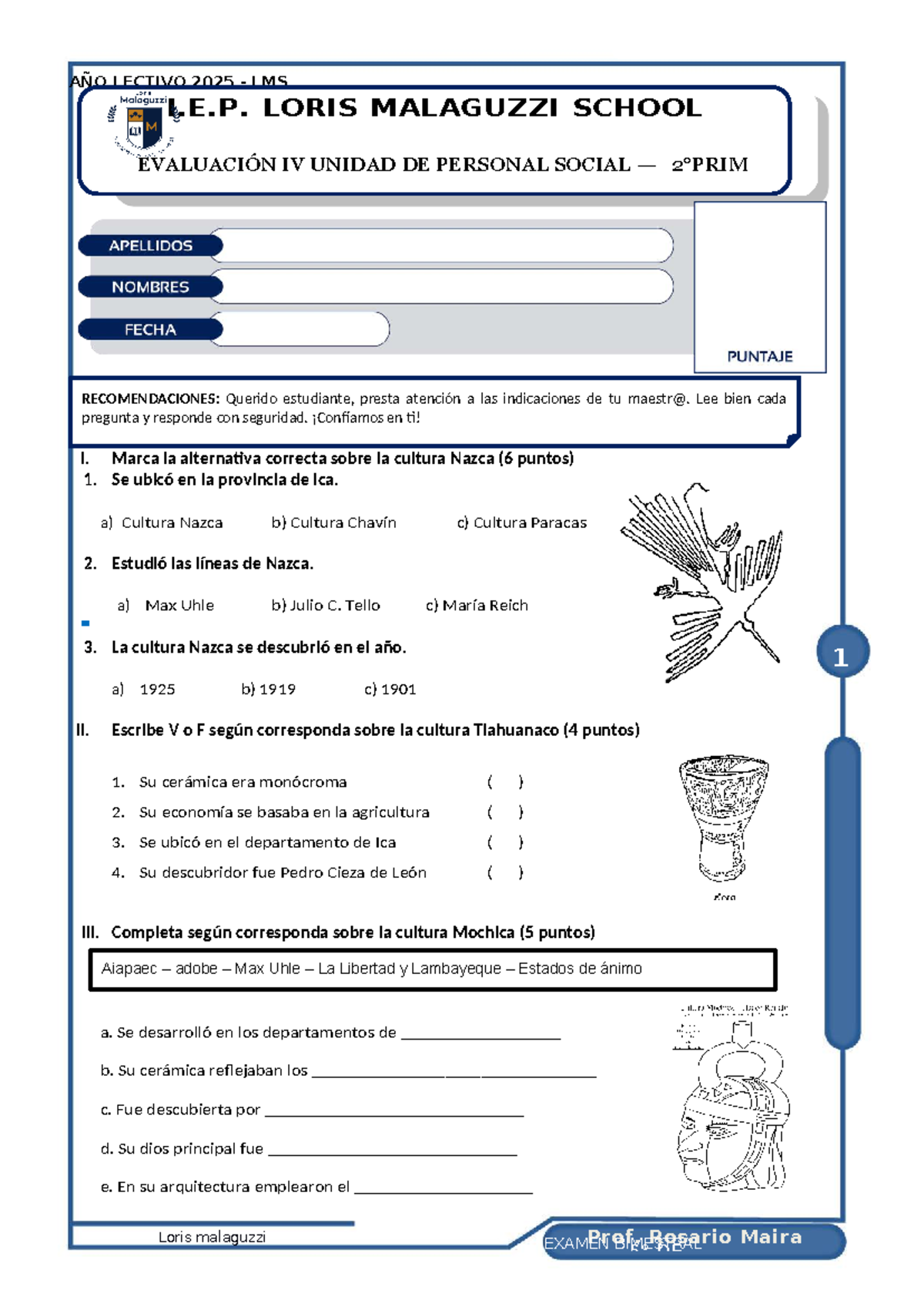 Examen Bimestral de Personal Social 2025 - I.E.P. Loris Malaguzzi - Studocu
