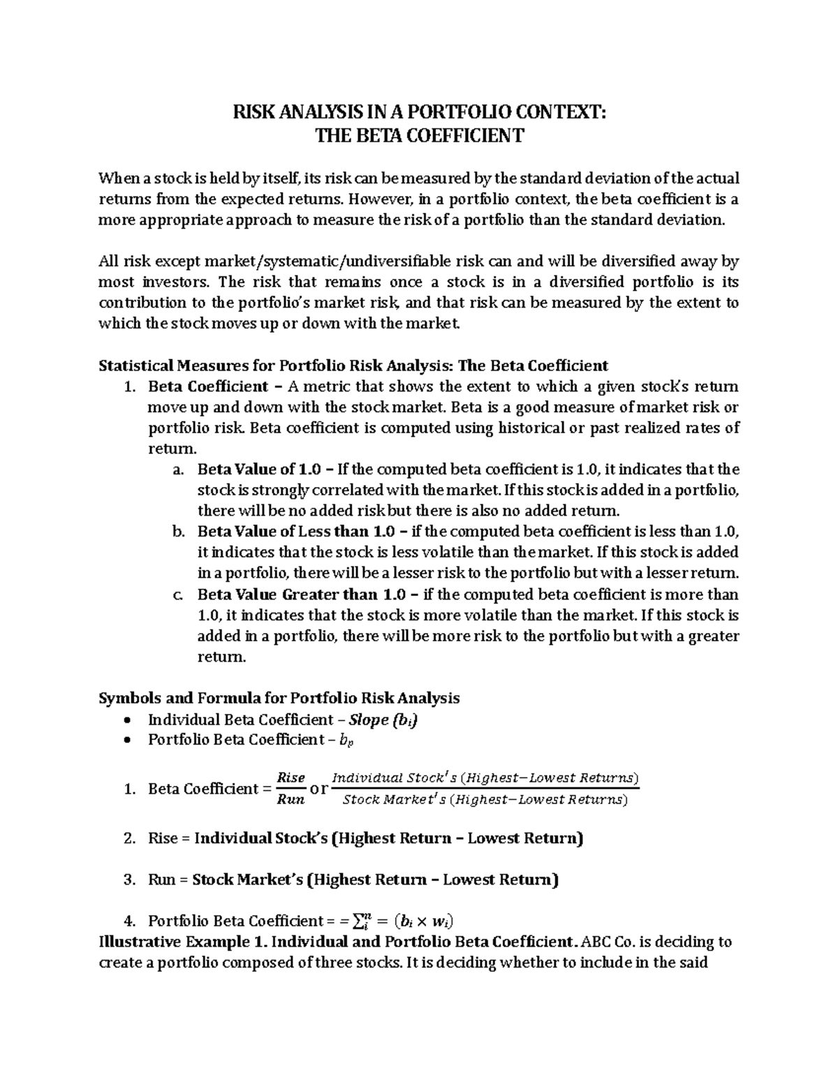 Portfolio Risk Analysis The Beta Coefficient - RISK ANALYSIS IN A ...