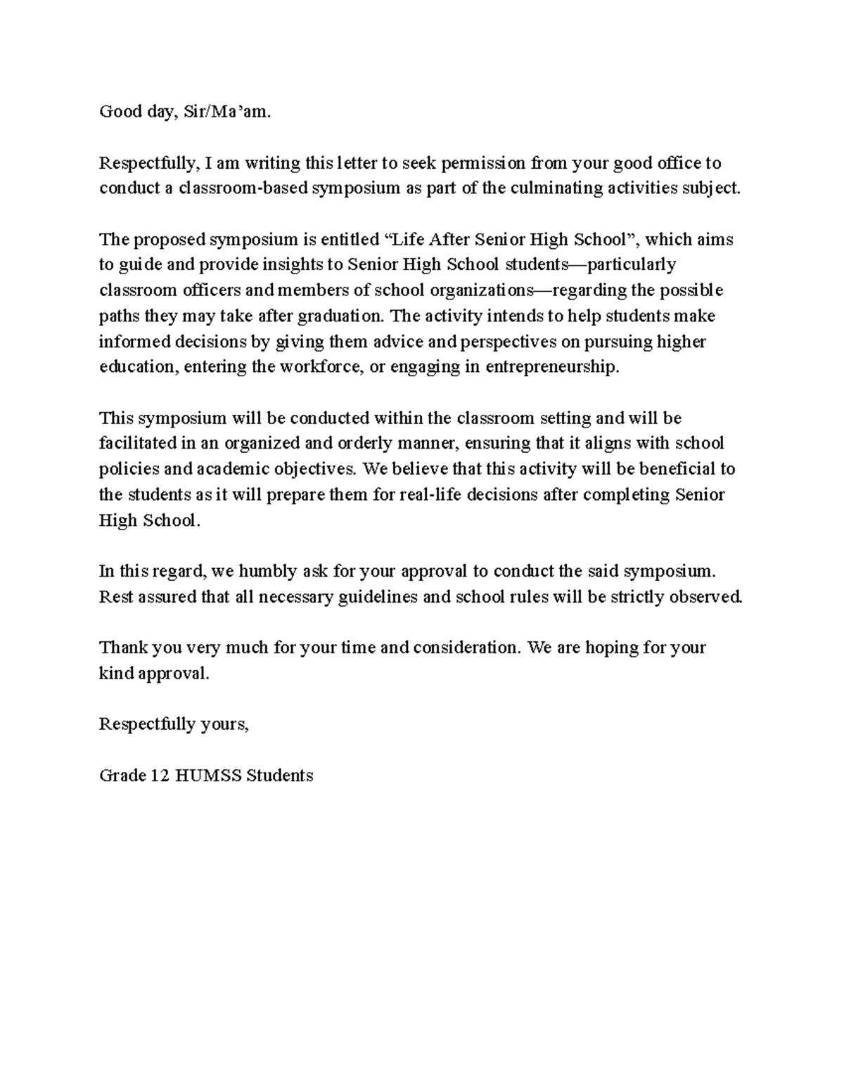 Culminating Activity Proposal: After Senior High Symposium - Studocu