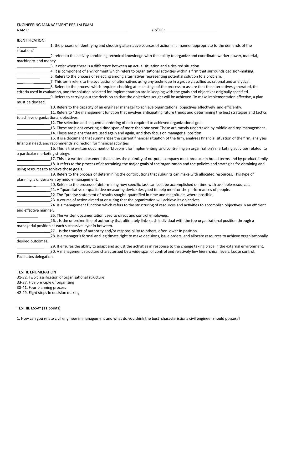 Engineering Management Final EXAM - Civil Engineering - Studocu