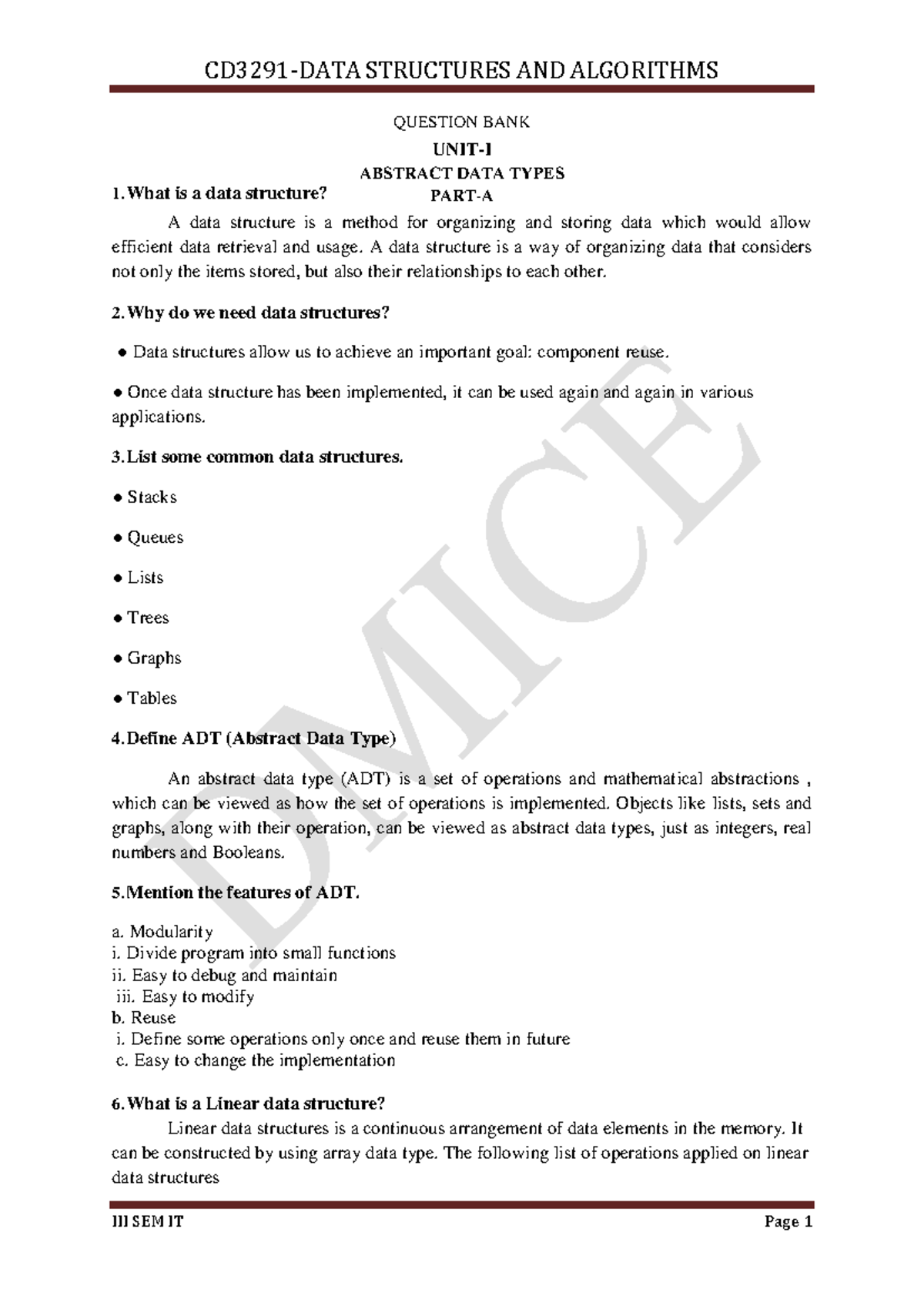 CD3281 DSA Question BANK 1 15 - ####### III SEM IT Page 1 1. What is a ...
