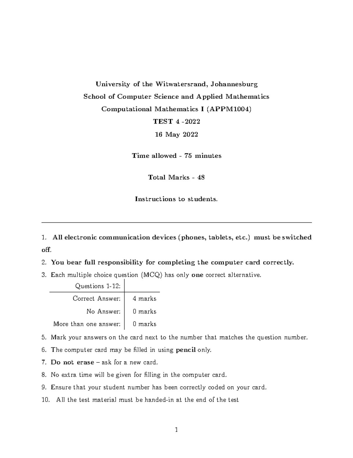 APPM1004 Computational Mathematics I Test 4 - May 2022 - Studocu