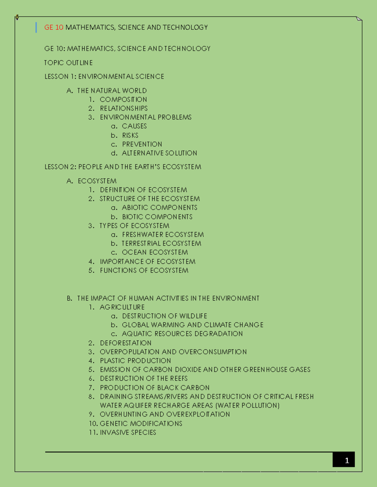 GE 10: Topics in Mathematics, Science & Technology Overview - Studocu
