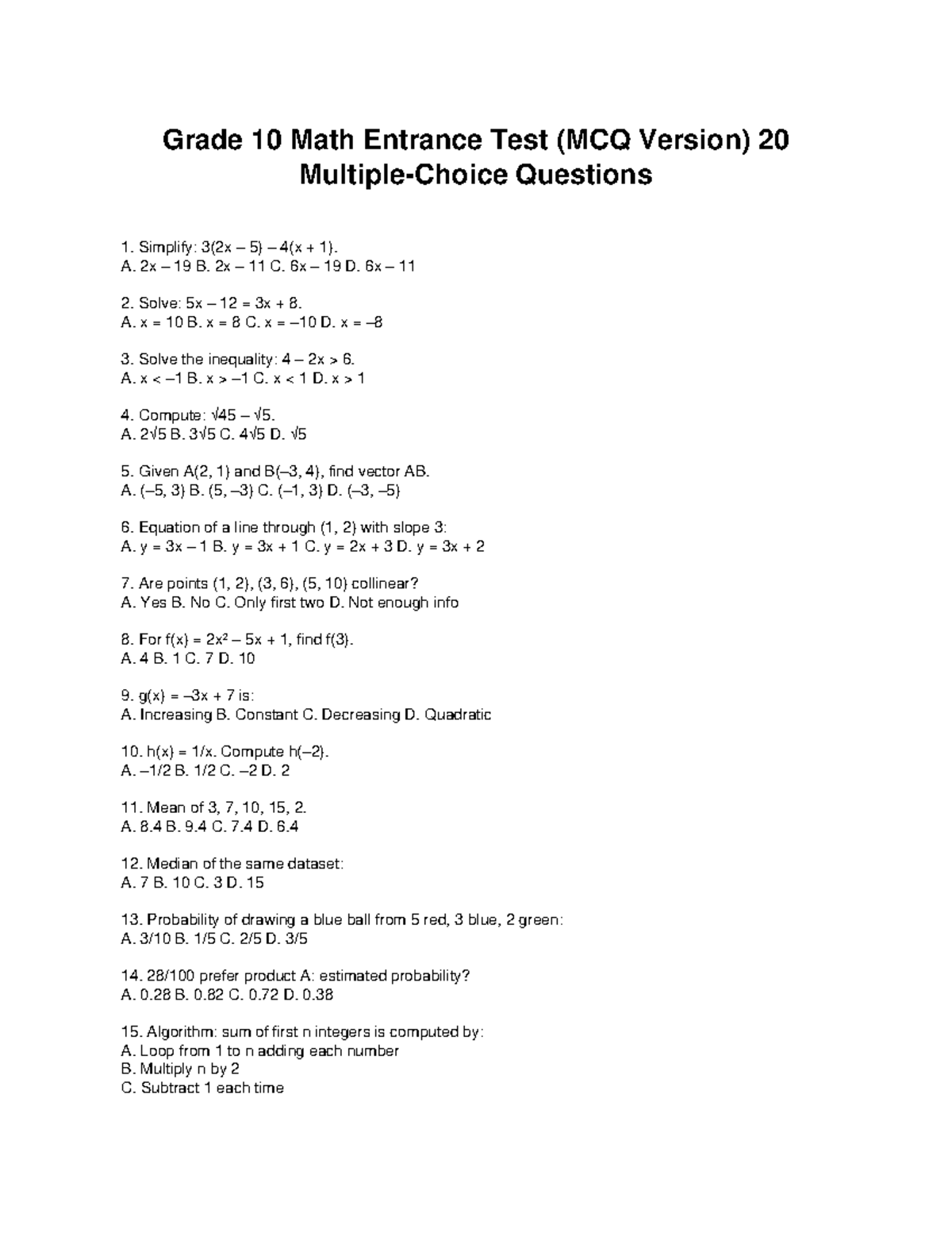 Math Multiple Choice Questions Grade 7