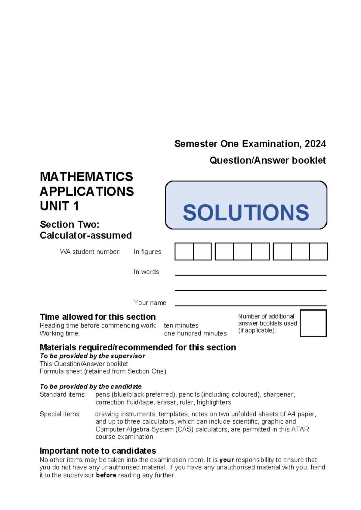 Semester One Examination 2024: Mathematics Applications Unit 1 - Studocu