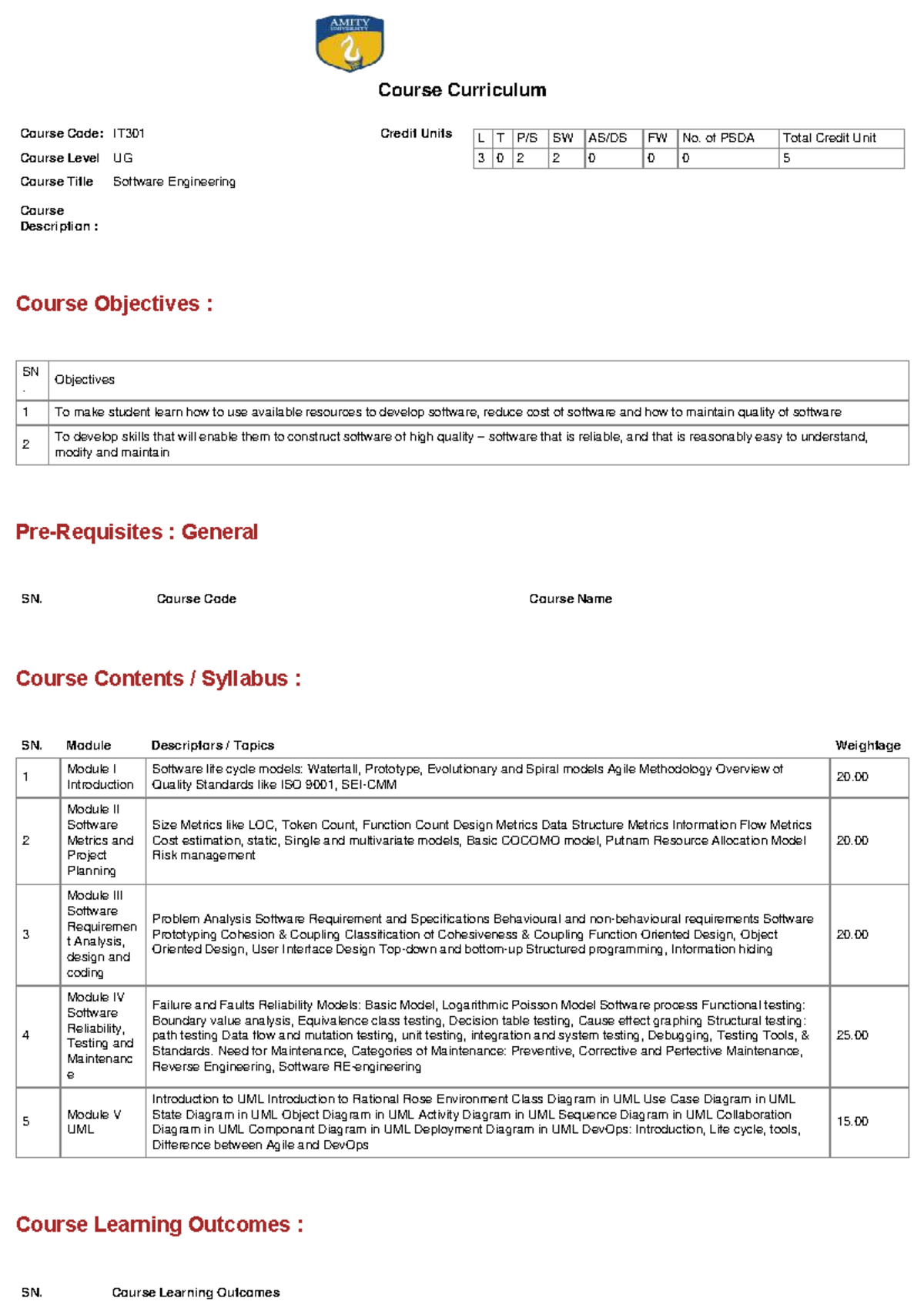 IT301 Software Engineering Course Syllabus and Learning Outcomes - Studocu