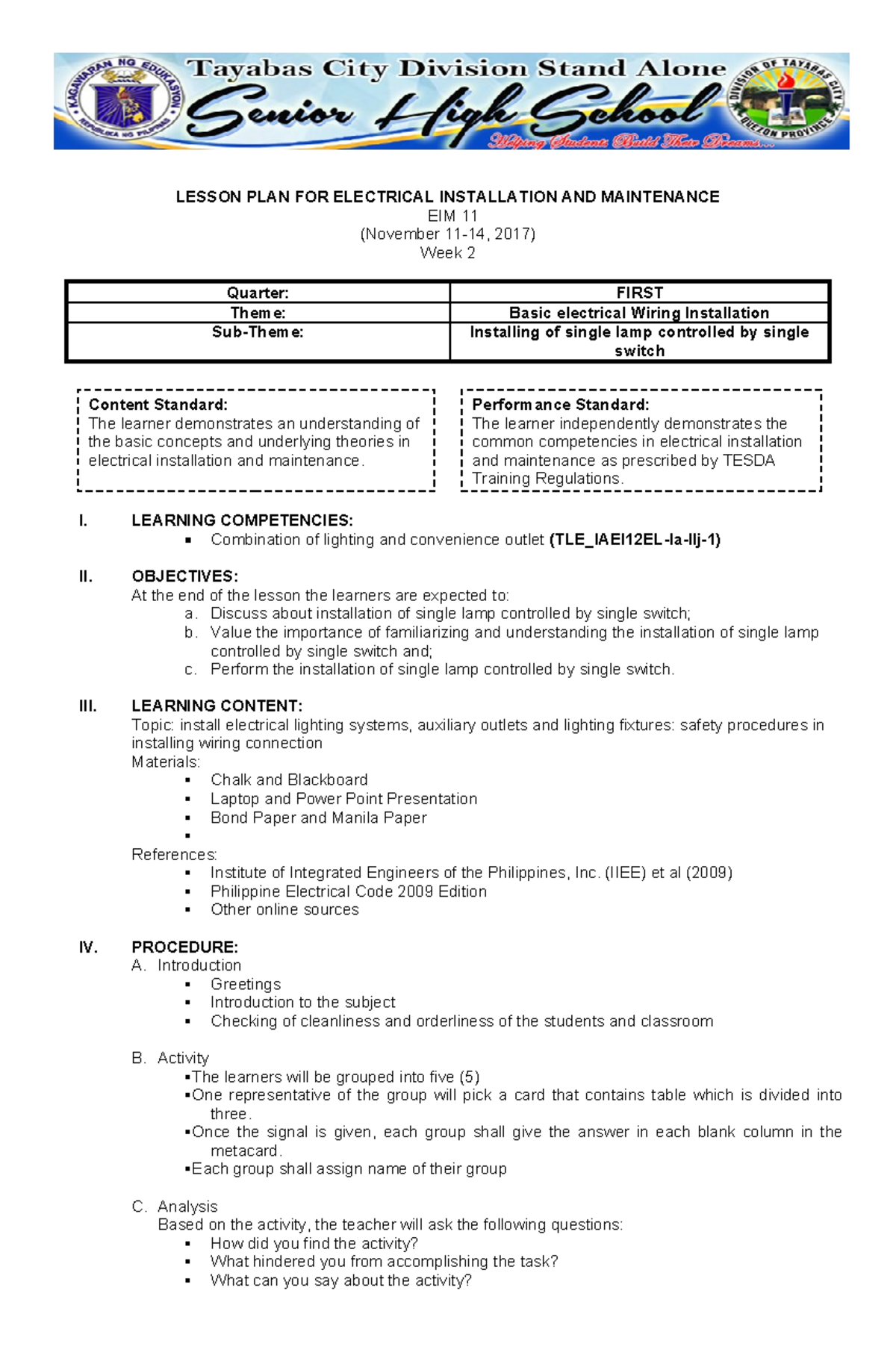 EIM 11: Lesson Plan on Basic Wiring Installation for Single Lamp - Studocu