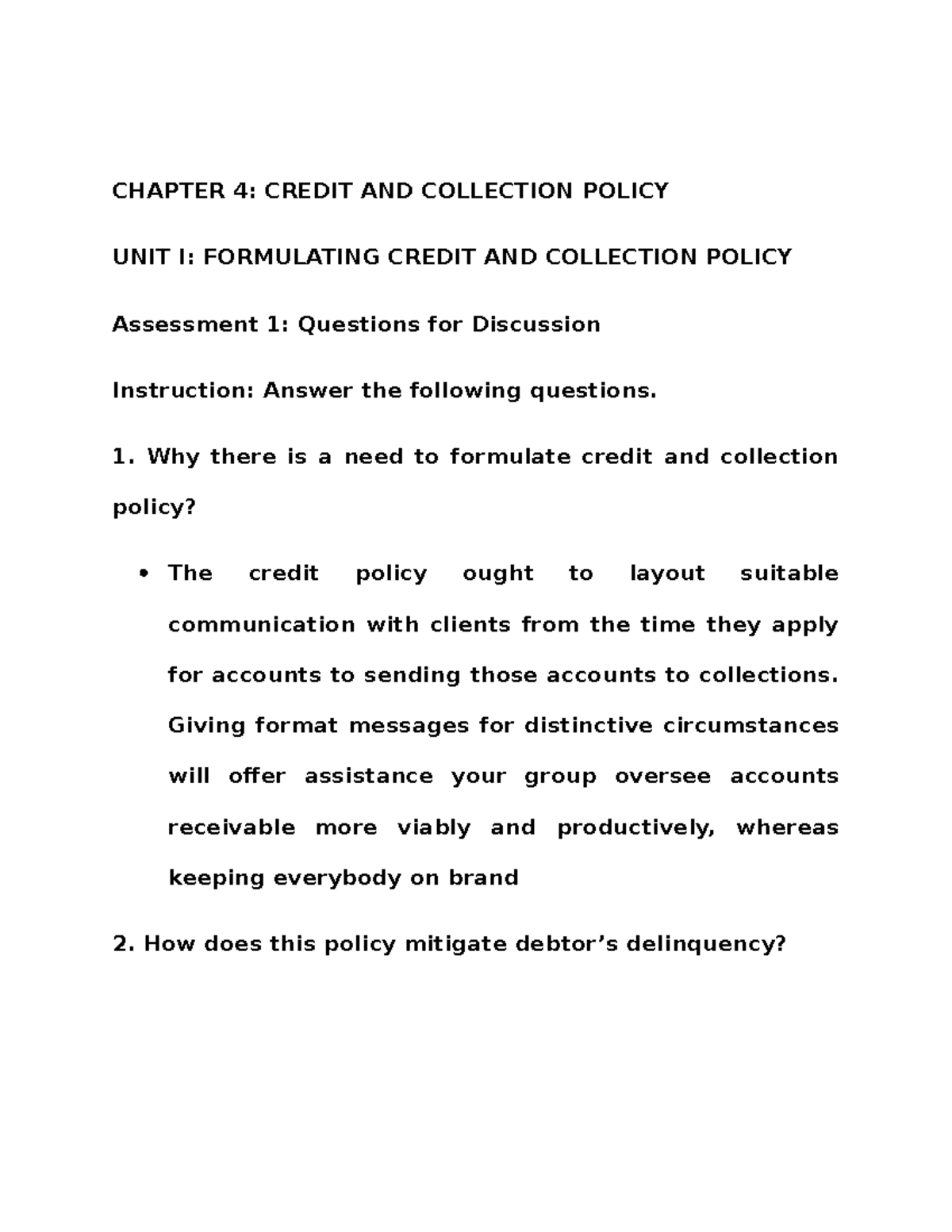 Credit and Collection Module 4: Coursework Q&A Responses - Studocu