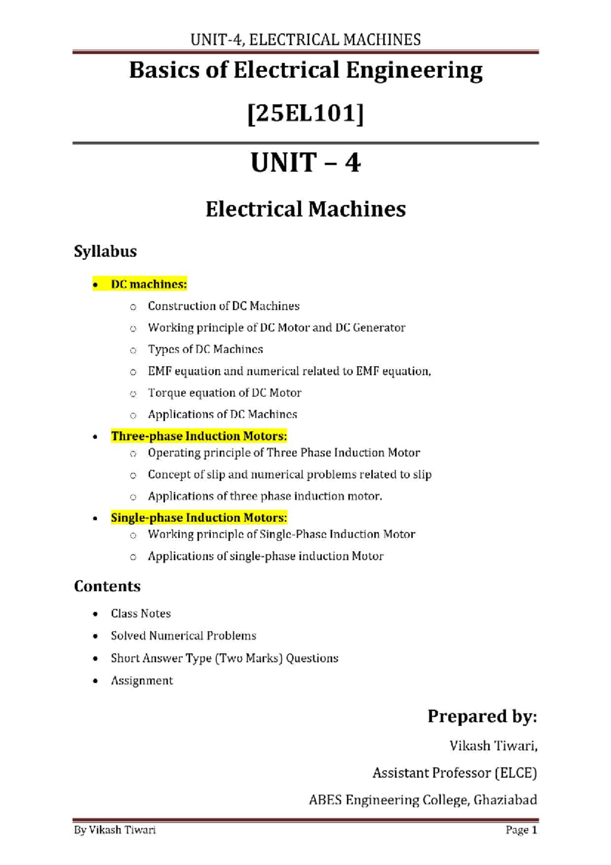 BEE Unit 4: Comprehensive Notes on Electrical Machines - Studocu