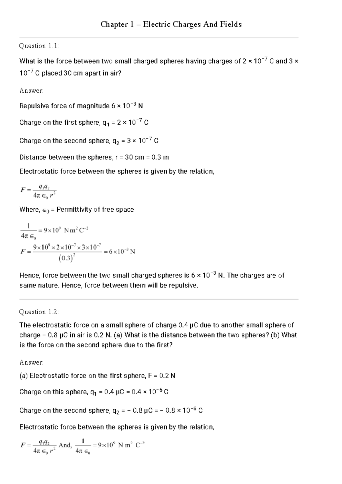 Ch 1 - physics notes - Chapter 1 – Electric Charges And Fields Question ...