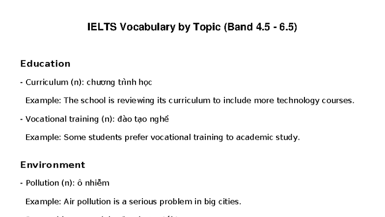 IELTS Vocabulary by Topic (Band 4.5 - 6.5) - Key Terms and Examples ...