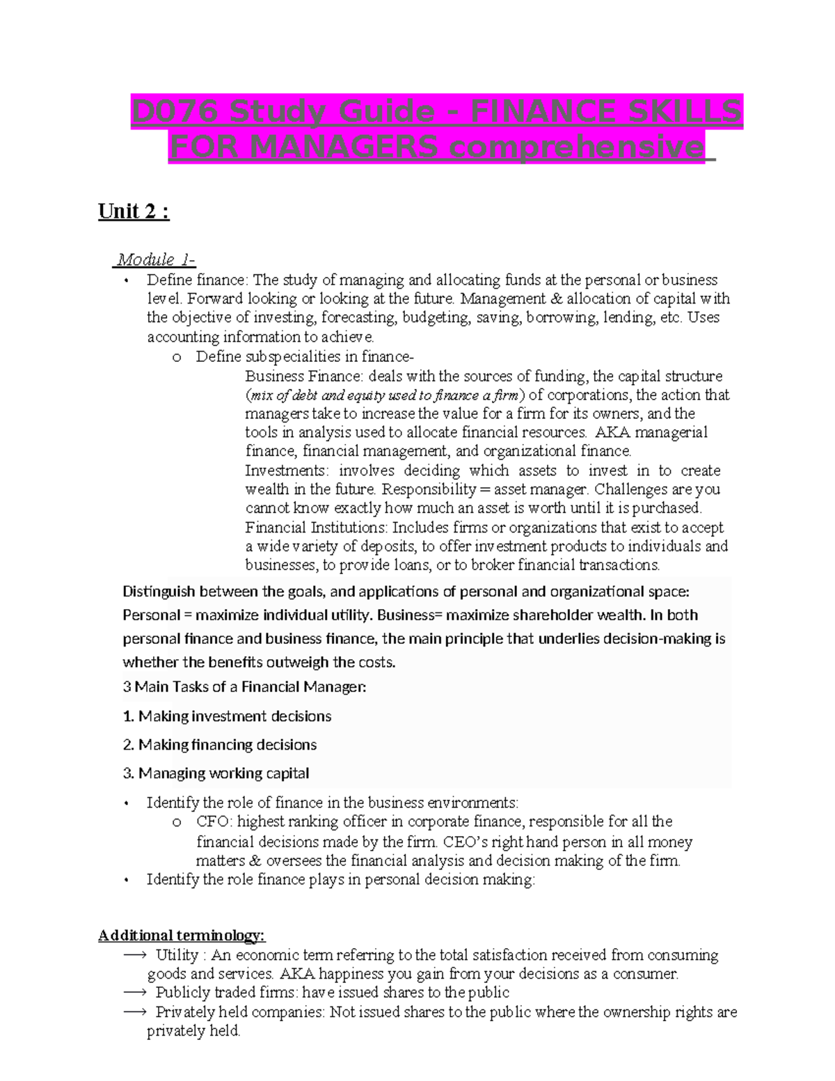 D076 study guide finance skills for managers - Distinguish between the ...