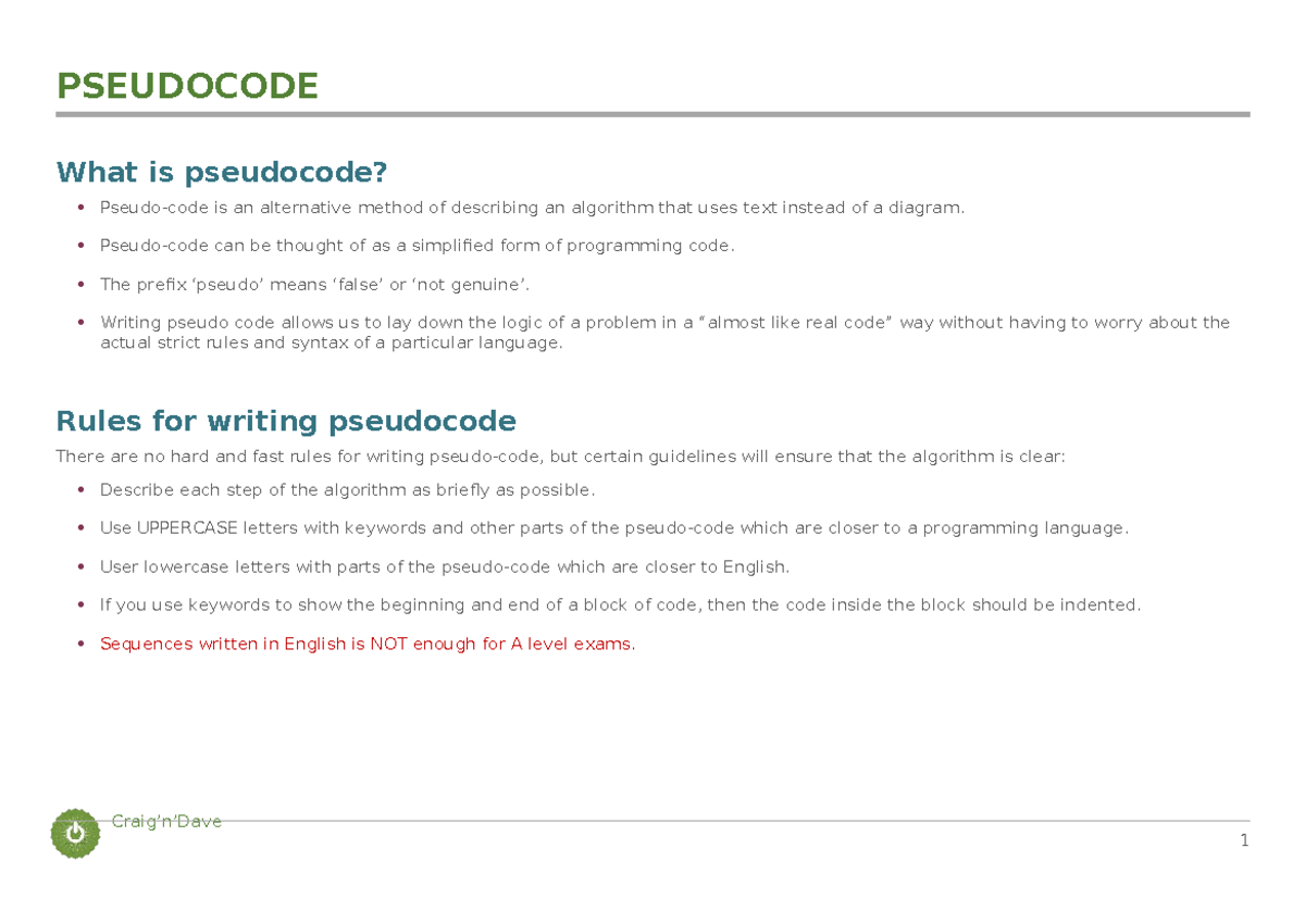 OCR A Level H046 H446 Pseudocode Cheat Sheet and Guidelines for Writing ...