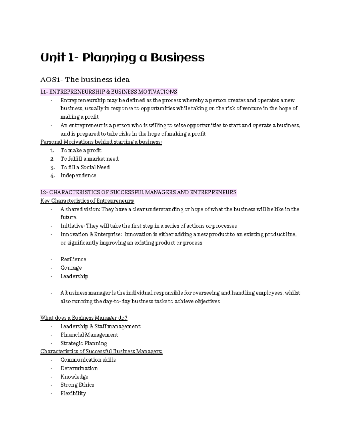 ENT 101: Unit Planning a Business - Entrepreneurship & Motivations ...