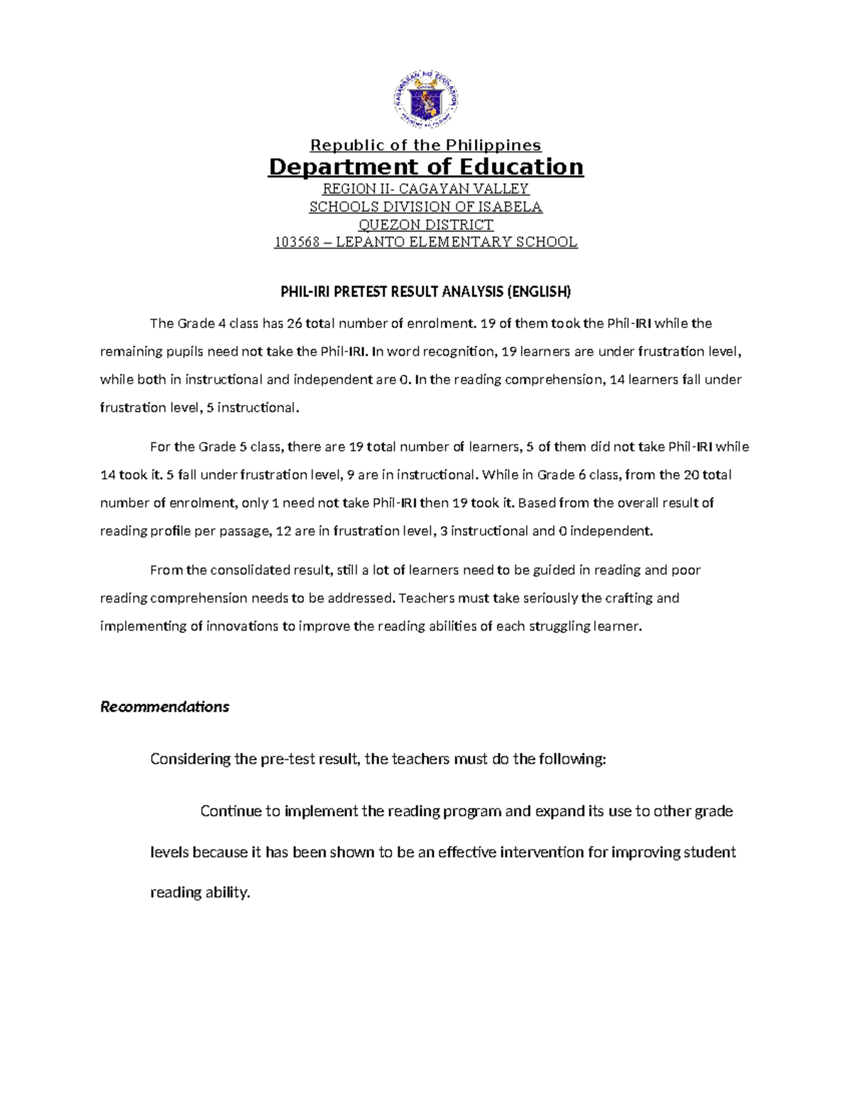 Phil-IRI Analysis Results and Recommendations for Grades 4-6 - Studocu