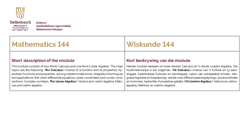 Mathematics 144: Module Framework Overview and Assessment Details - Studocu