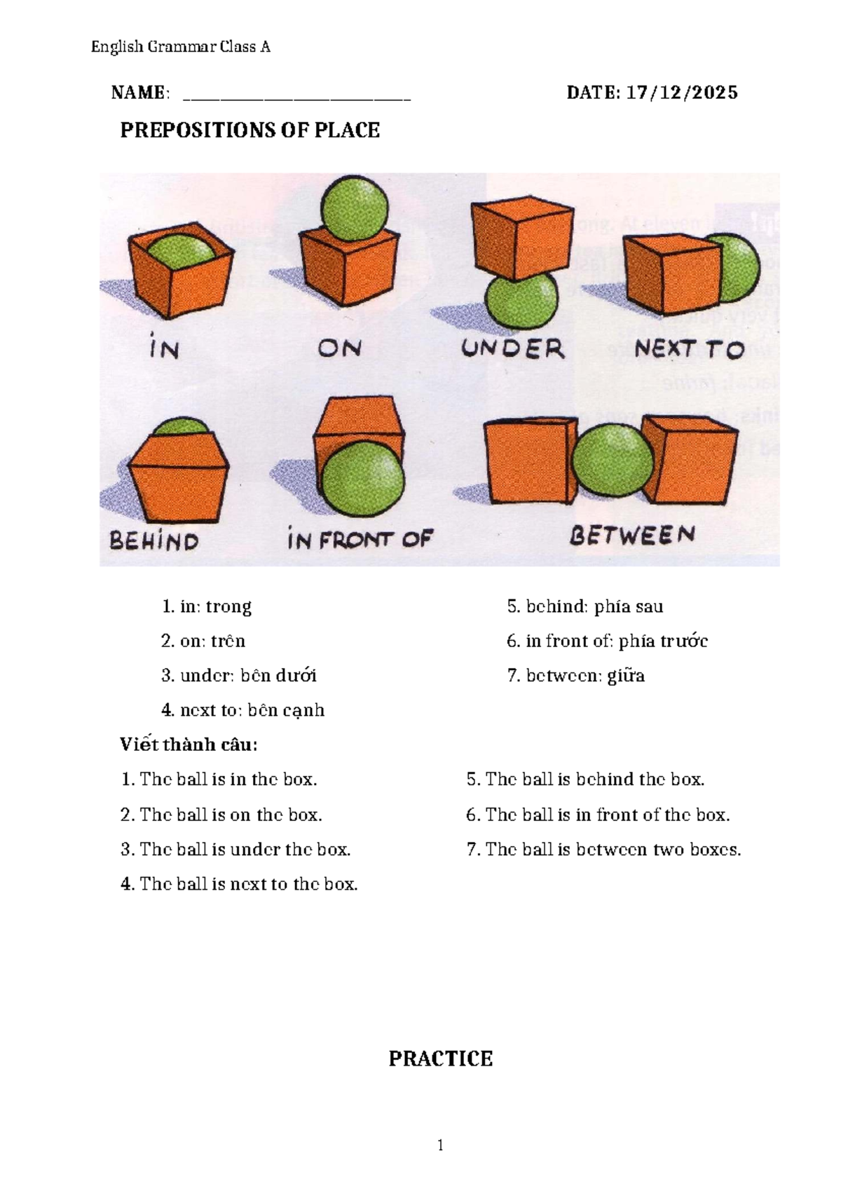 English Grammar Class A - Prepositions of Place Exercises - Studocu