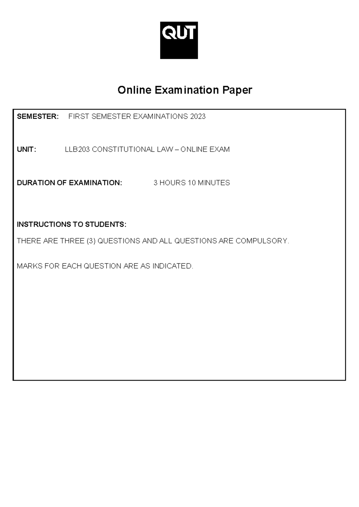 LLB203 Final Exam 2023 - Constitutional Law Paper - Studocu
