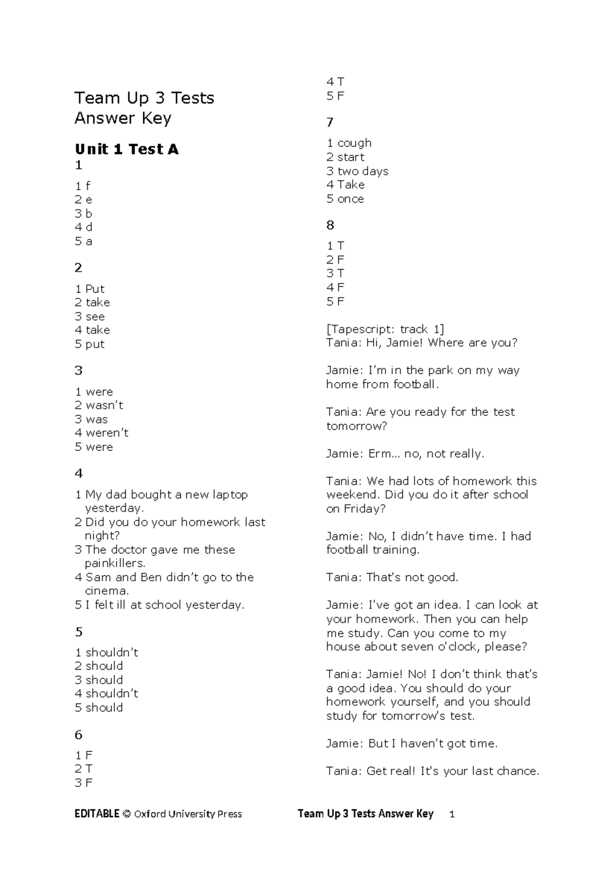 Team Up 3 Tests Answer Key: Comprehensive Unit Answers - Studocu