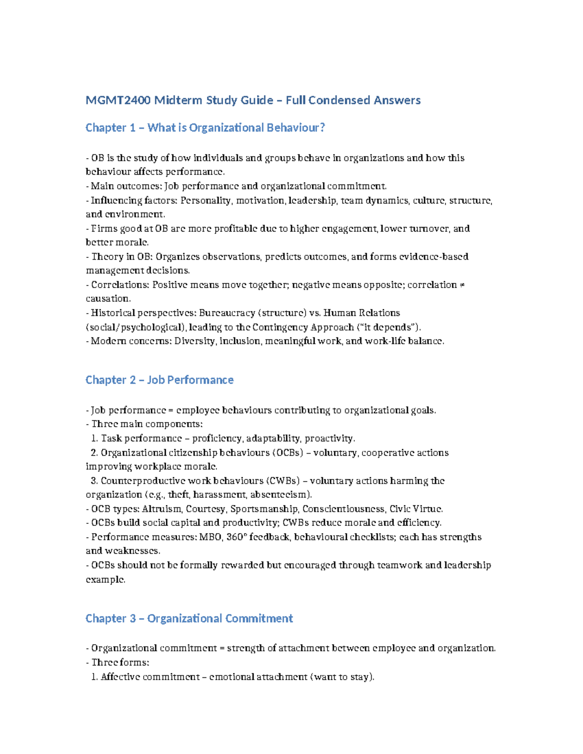 MGMT2400 Midterm Study Guide: Key Concepts in Organizational Behaviour ...